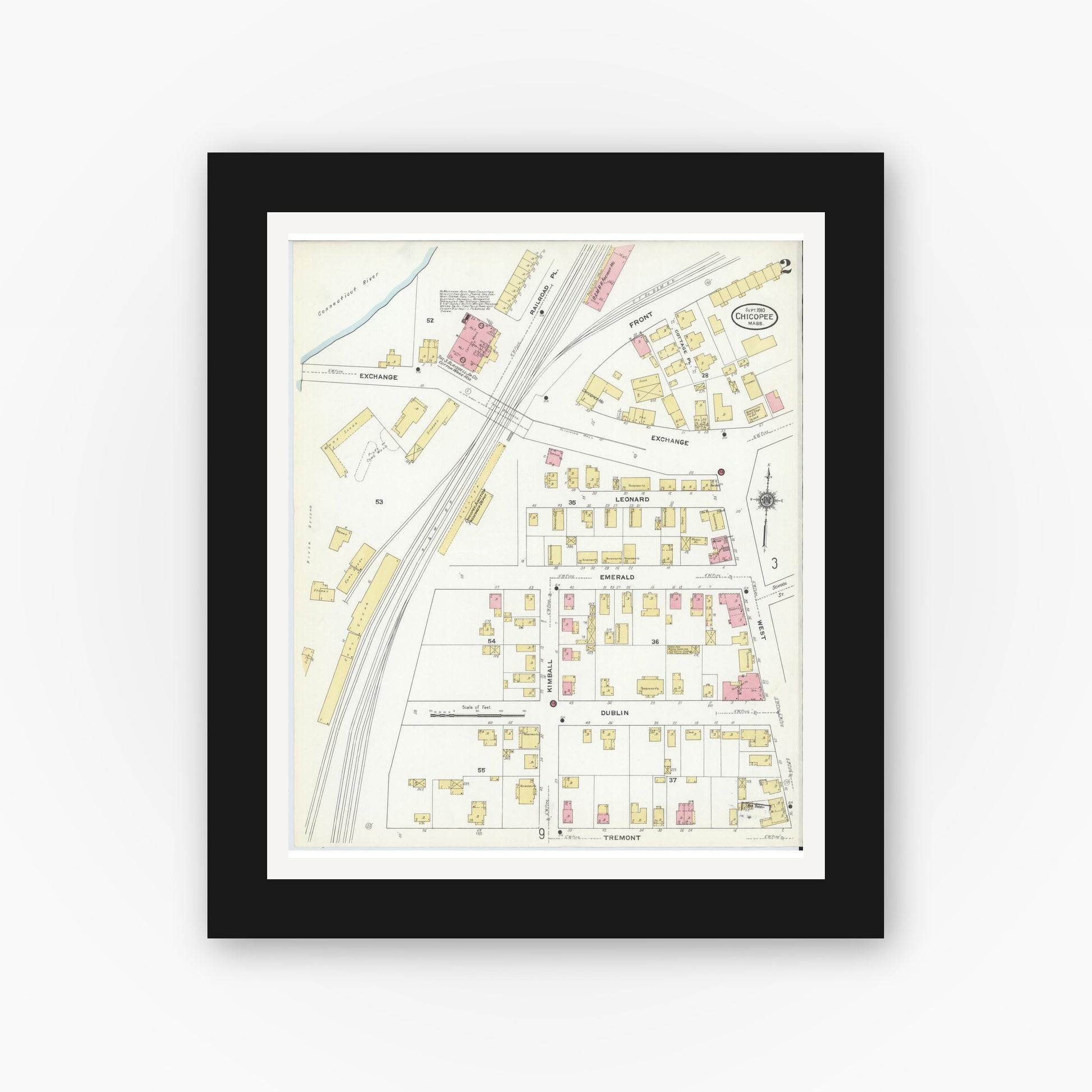 Old map wall art mockup — black gallery frame with white mat — Sanborn Fire Insurance Map from Chicopee, Hampden County, Massachusetts (1910), Sheet #0002
