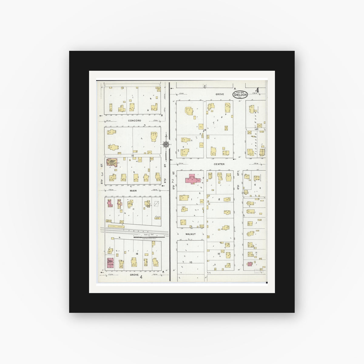 Old map wall art mockup — black gallery frame with white mat — Sanborn Fire Insurance Map from Sheldon, Iroquois County, Illinois (1919), Sheet #0004