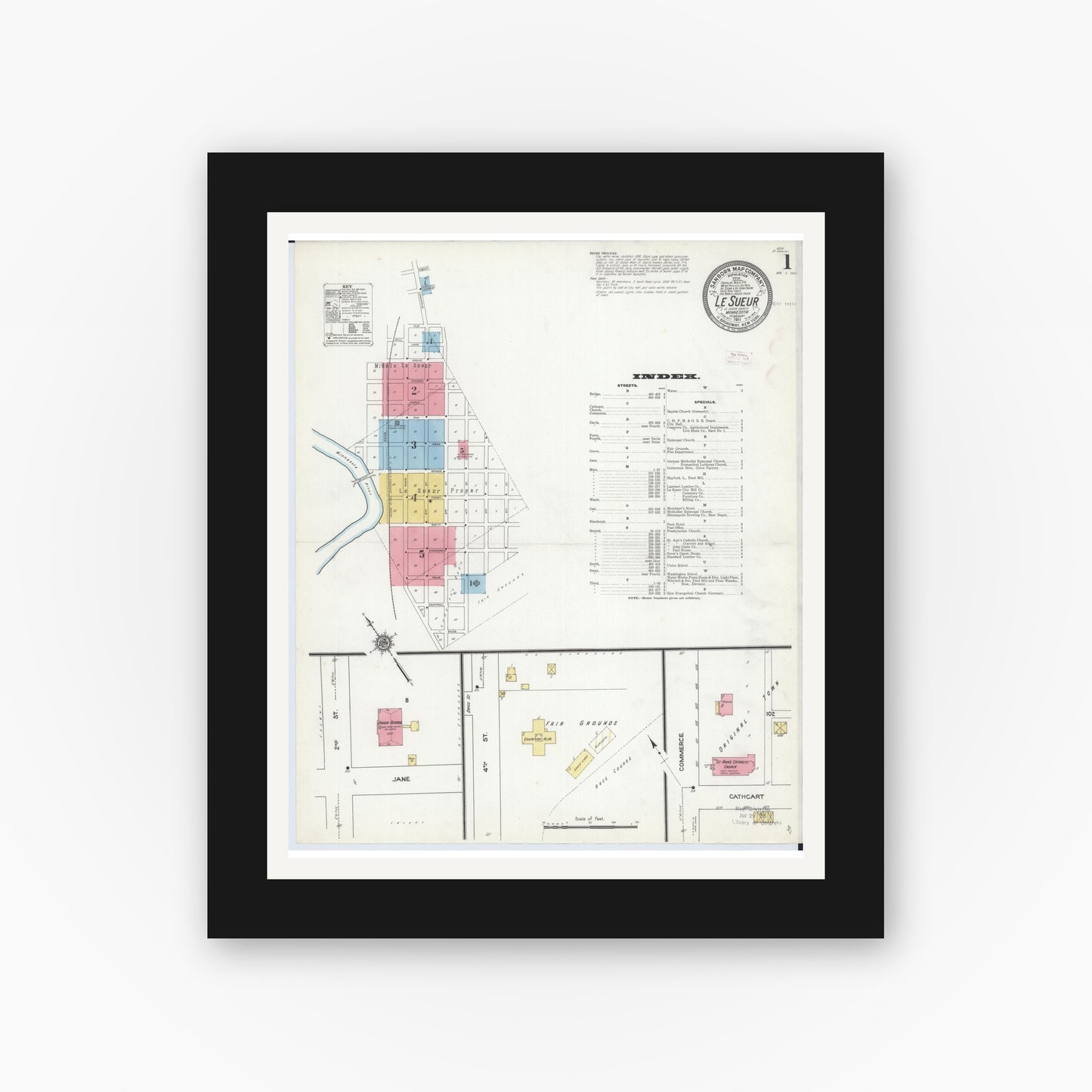 Old map wall art mockup — black gallery frame with white mat — Sanborn Fire Insurance Map from Le Sueur, Le Sueur County, Minnesota (1911), Sheet #0001