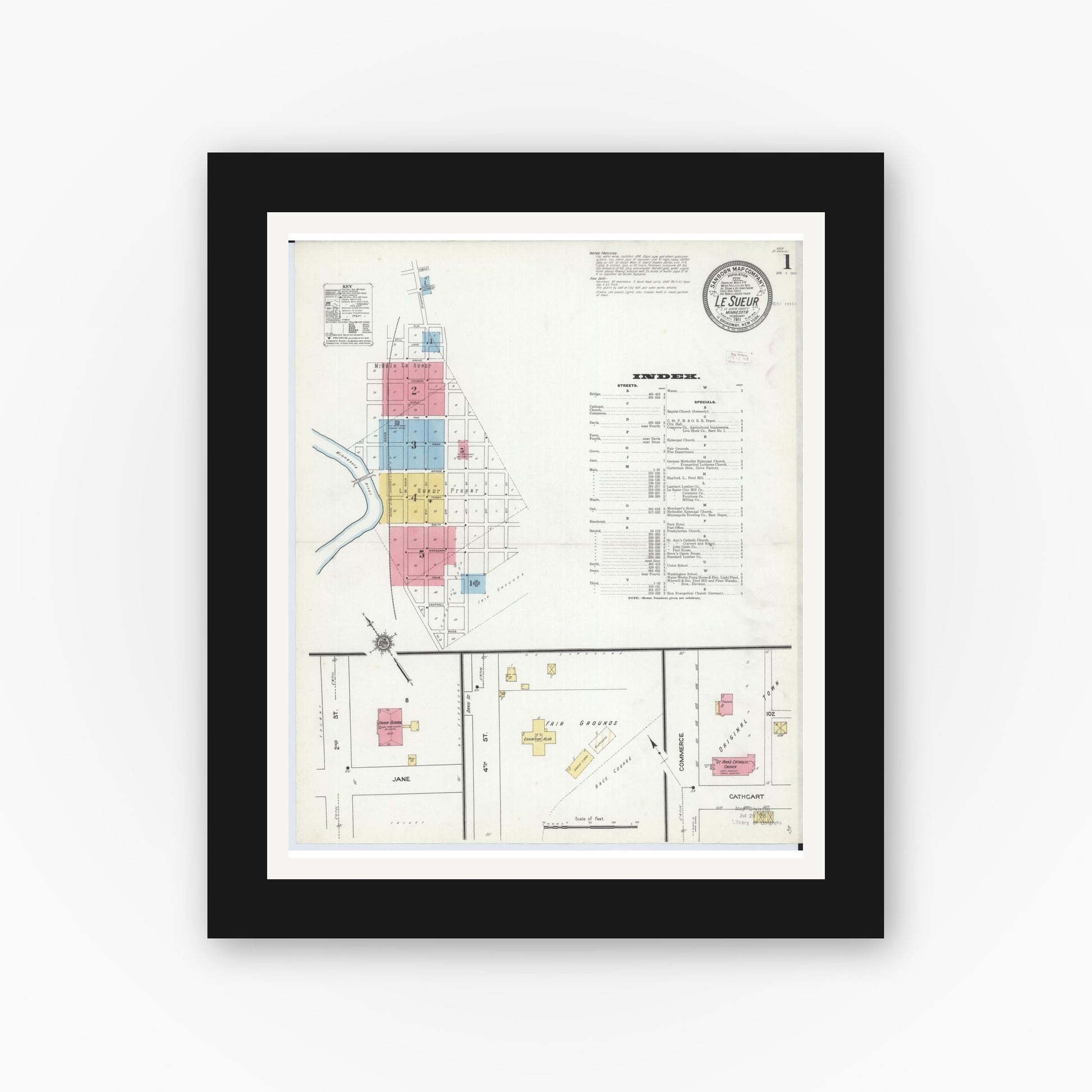 Old map wall art mockup — black gallery frame with white mat — Sanborn Fire Insurance Map from Le Sueur, Le Sueur County, Minnesota (1911), Sheet #0001