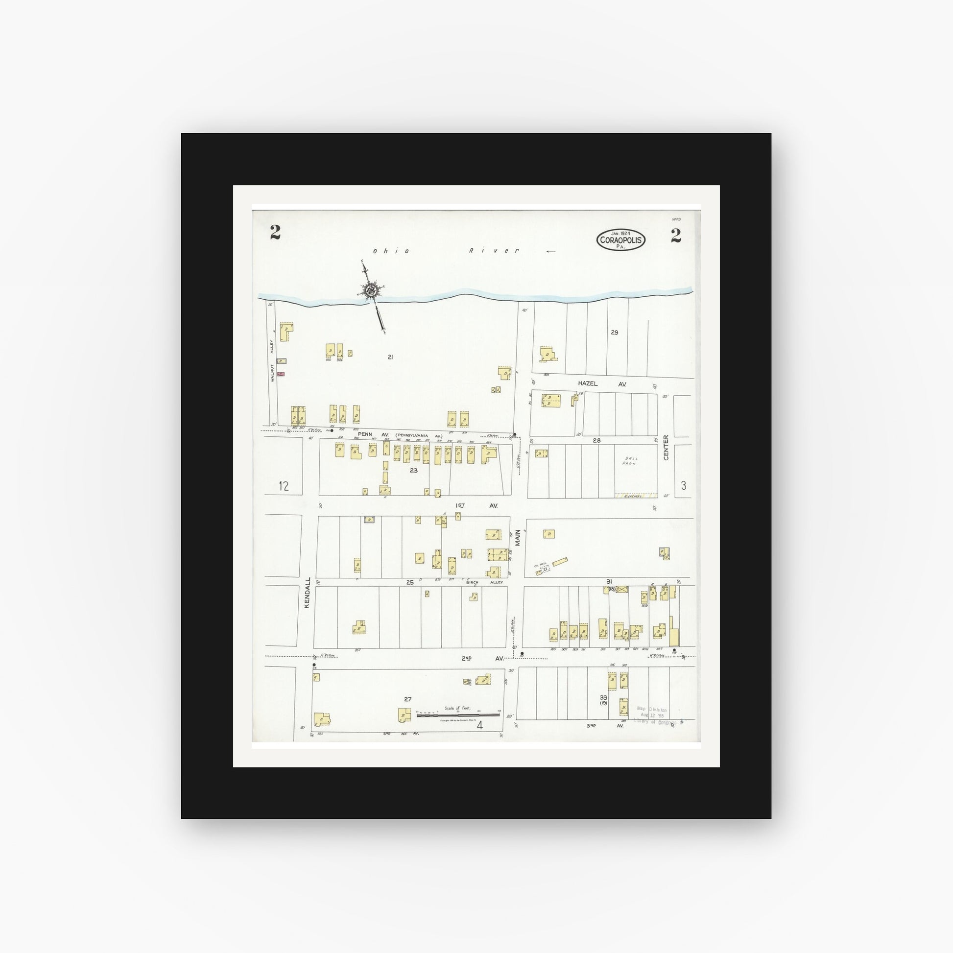 Old map wall art mockup — black gallery frame with white mat — Sanborn Fire Insurance Map from Coraopolis, Allegheny County, Pennsylvania (1924), Sheet #0002