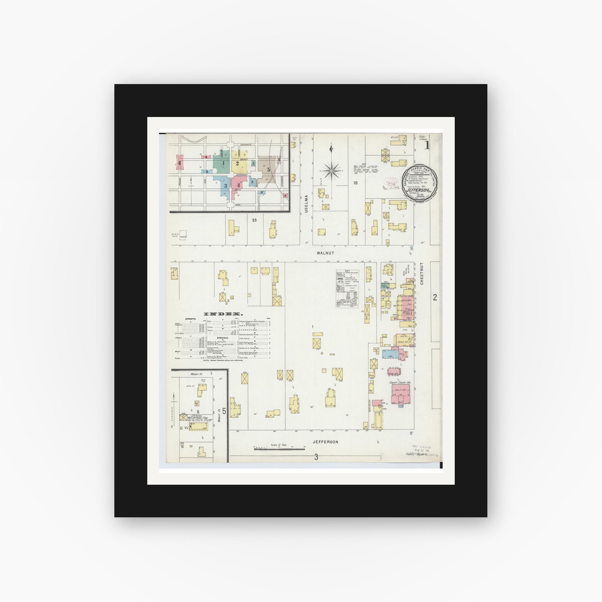 Old map wall art mockup — black gallery frame with white mat — Sanborn Fire Insurance Map from Jefferson, Ashtabula County, Ohio (1896) - Complete Map Set