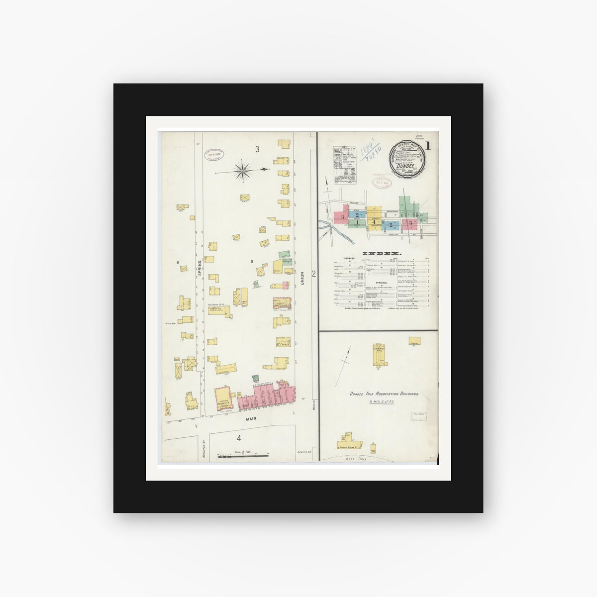 Old map wall art mockup — black gallery frame with white mat — Sanborn Fire Insurance Map from Dundee, Yates County, New York (1898), Sheet #0001