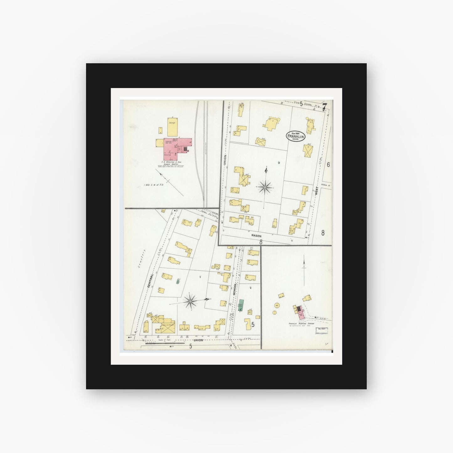 Old map wall art mockup — black gallery frame with white mat — Sanborn Fire Insurance Map from Franklin, Norfolk County, Massachusetts (1904), Sheet #0007