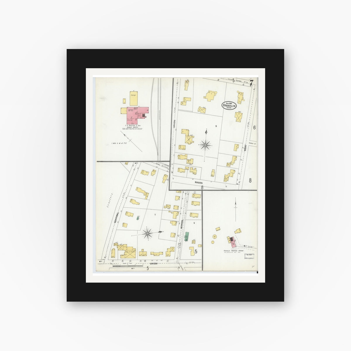 Old map wall art mockup — black gallery frame with white mat — Sanborn Fire Insurance Map from Franklin, Norfolk County, Massachusetts (1904), Sheet #0007