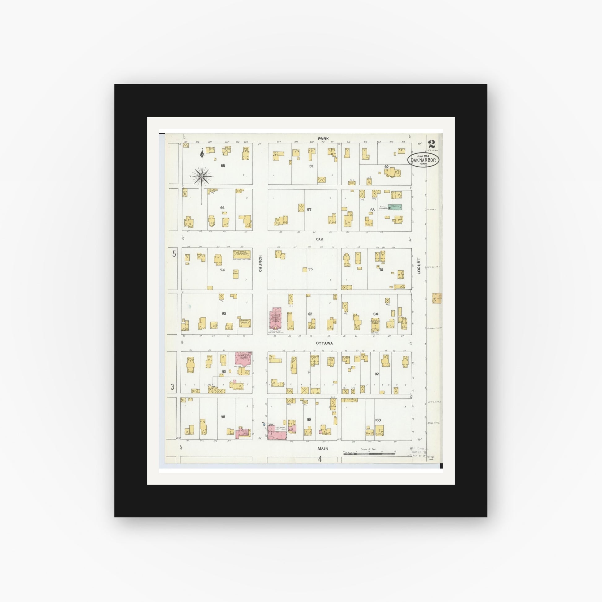 Old map wall art mockup — black gallery frame with white mat — Sanborn Fire Insurance Map from Oak Harbor, Ottawa County, Ohio (1904), Sheet #0002
