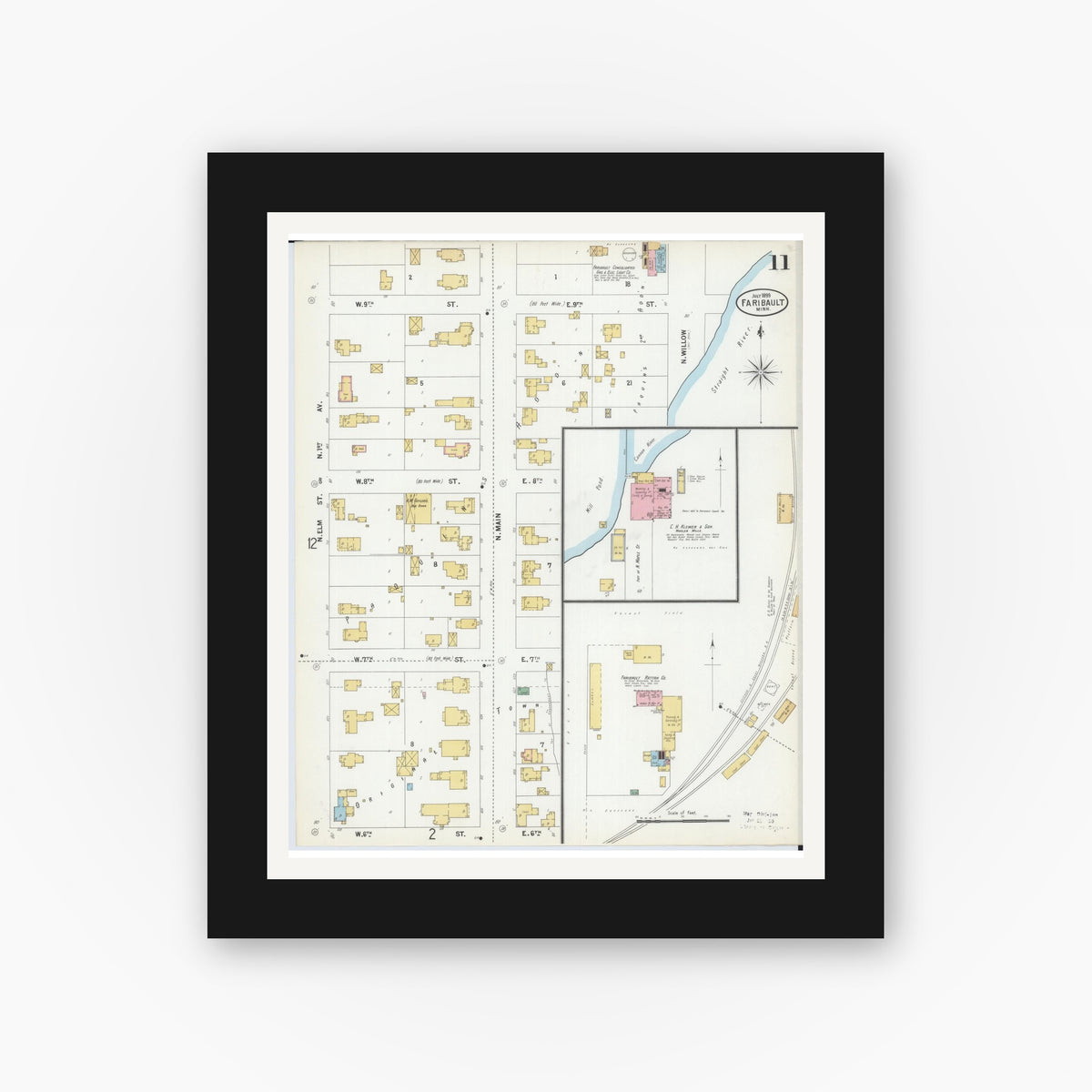 Old map wall art mockup — black gallery frame with white mat — Sanborn Fire Insurance Map from Faribault, Rice County, Minnesota (1899), Sheet #0011