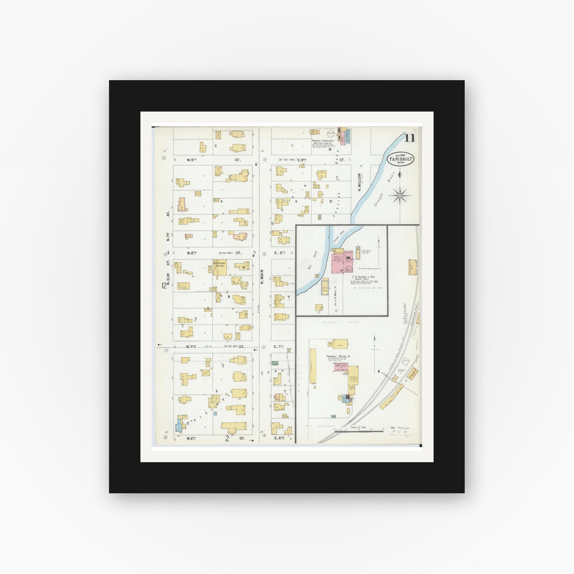 Old map wall art mockup — black gallery frame with white mat — Sanborn Fire Insurance Map from Faribault, Rice County, Minnesota (1899), Sheet #0011