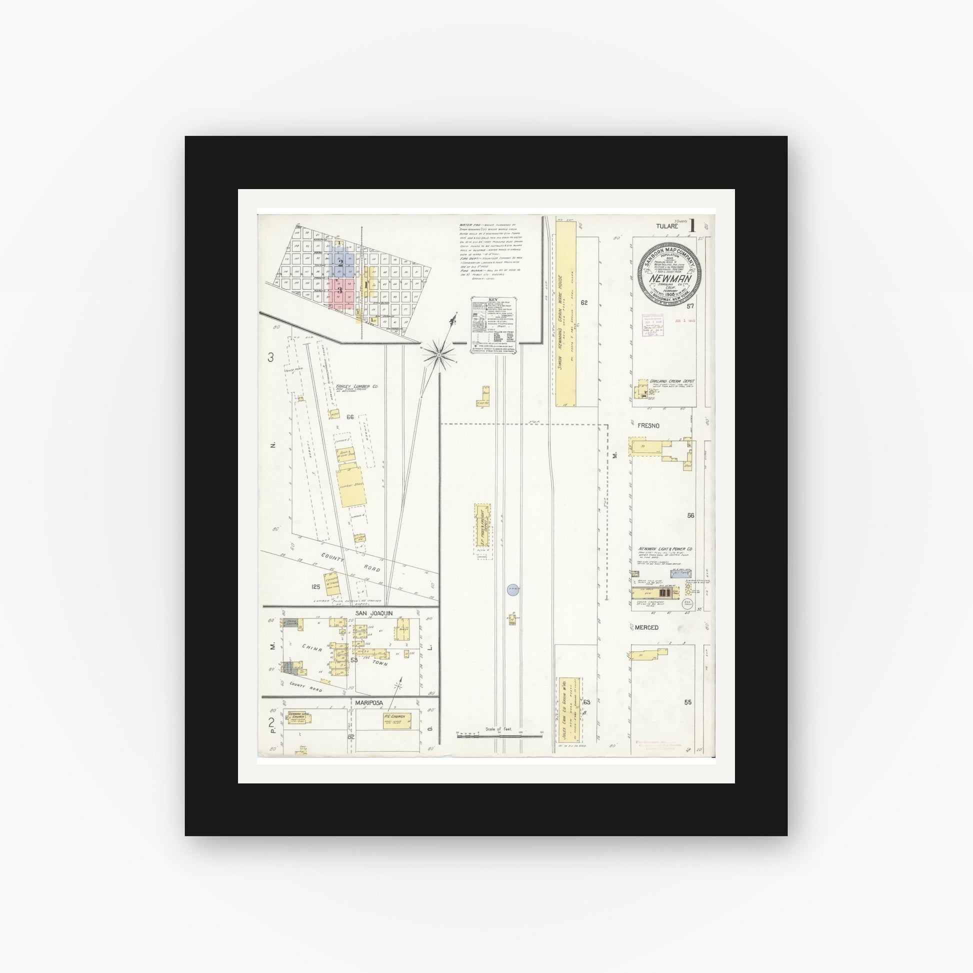 Old map wall art mockup — black gallery frame with white mat — Sanborn Fire Insurance Map from Newman, Stanislaus County, California (1908) - Complete Map Set
