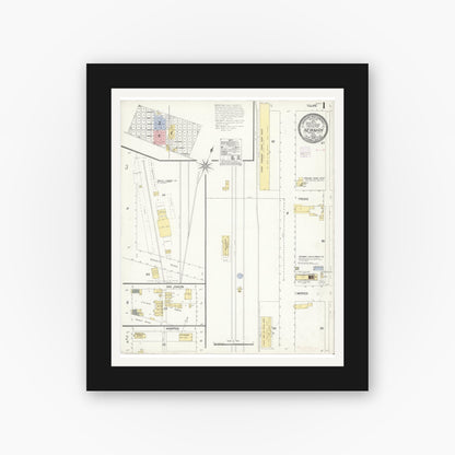 Old map wall art mockup — black gallery frame with white mat — Sanborn Fire Insurance Map from Newman, Stanislaus County, California (1908) - Complete Map Set