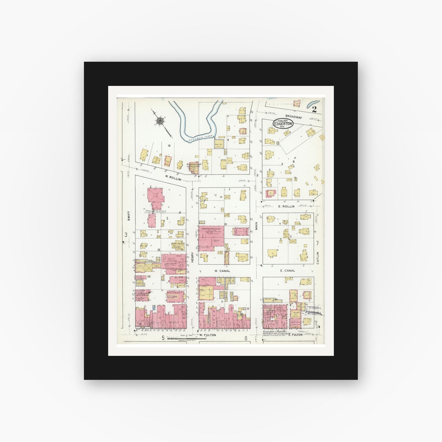 Old map wall art mockup — black gallery frame with white mat — Sanborn Fire Insurance Map from Edgerton, Rock County, Wisconsin (1920), Sheet #0002