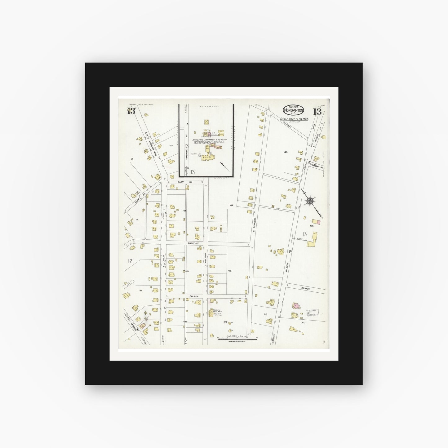 Old map wall art mockup — black gallery frame with white mat — Sanborn Fire Insurance Map from Morganton, Burke County, North Carolina (1924), Sheet #0013