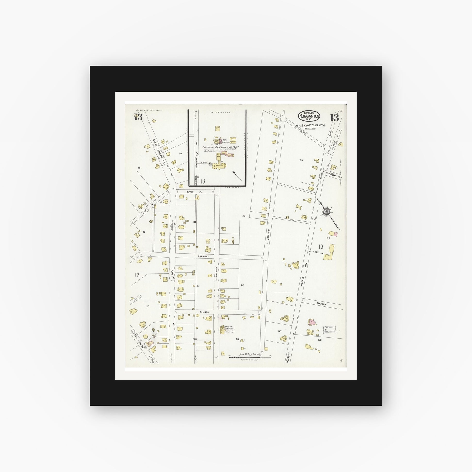 Old map wall art mockup — black gallery frame with white mat — Sanborn Fire Insurance Map from Morganton, Burke County, North Carolina (1924), Sheet #0013