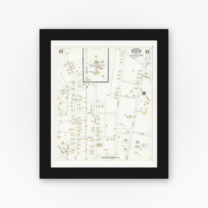 Old map wall art mockup — black gallery frame with white mat — Sanborn Fire Insurance Map from Morganton, Burke County, North Carolina (1924), Sheet #0013