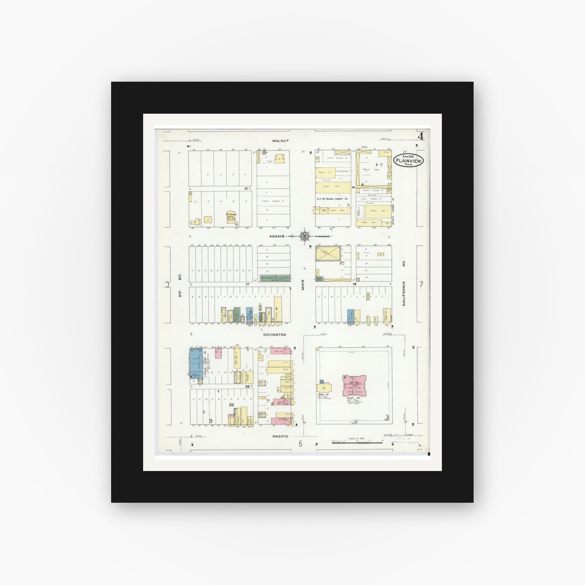Old map wall art mockup — black gallery frame with white mat — Sanborn Fire Insurance Map from Plainview, Hale County, Texas (1910), Sheet #0004