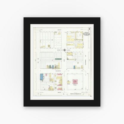 Old map wall art mockup — black gallery frame with white mat — Sanborn Fire Insurance Map from Plainview, Hale County, Texas (1910), Sheet #0004