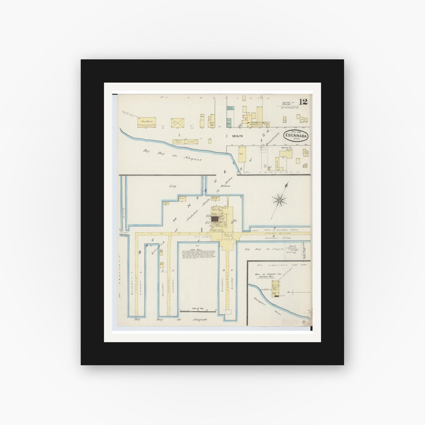 Old map wall art mockup — black gallery frame with white mat — Sanborn Fire Insurance Map from Escanaba, Delta County, Michigan (1888), Sheet #0012