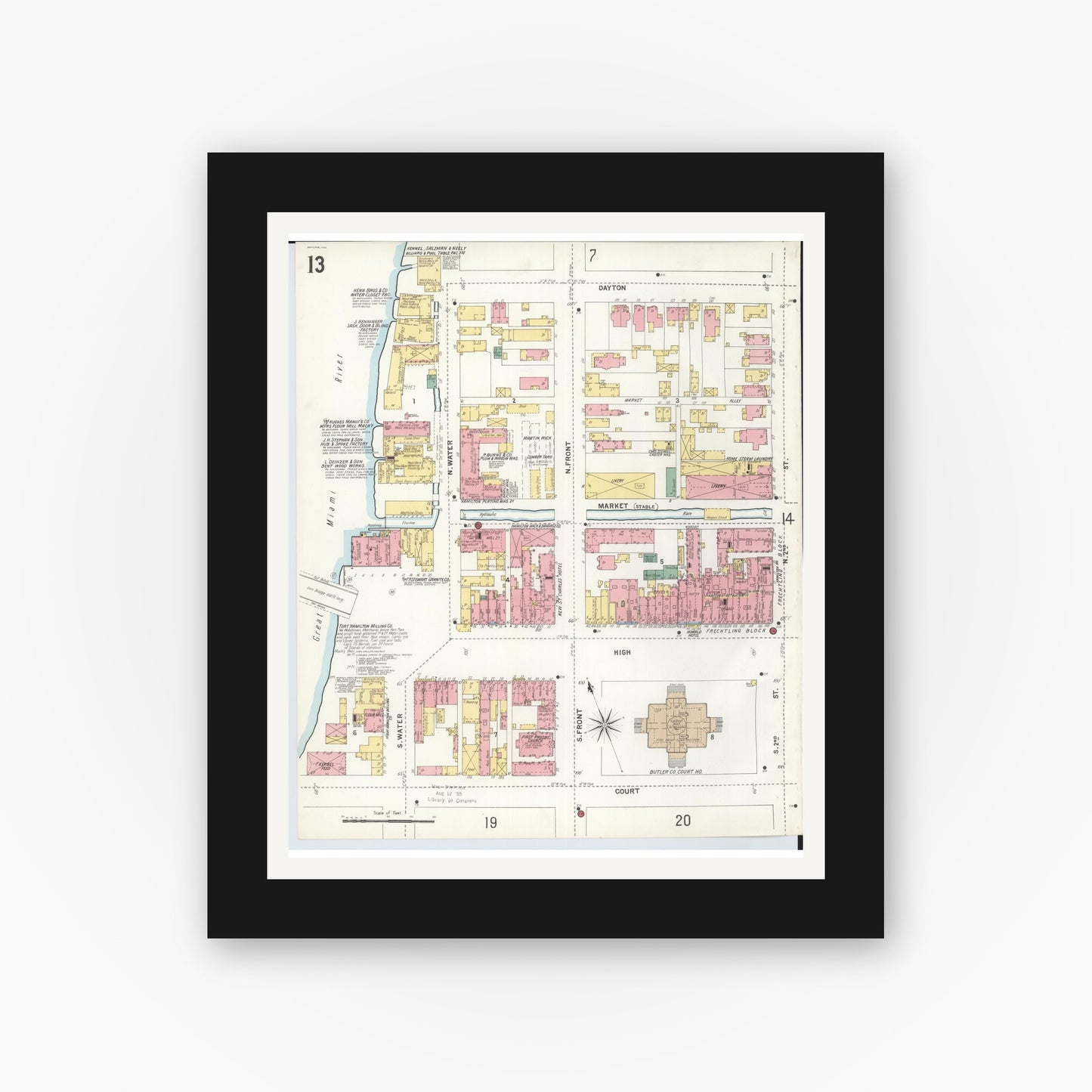 Old map wall art mockup — black gallery frame with white mat — Sanborn Fire Insurance Map from Hamilton, Butler County, Ohio (1899), Sheet #0013
