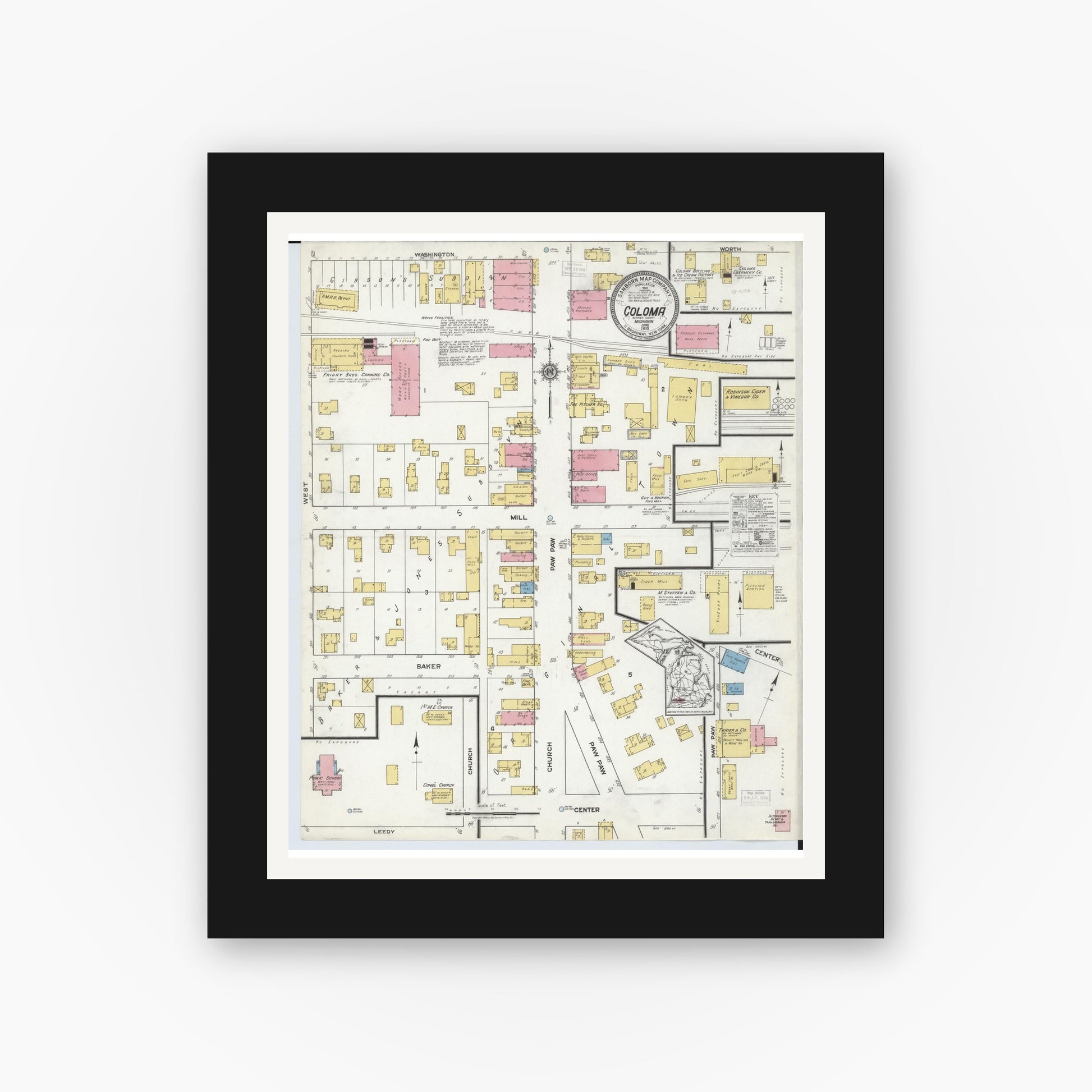 Old map wall art mockup — black gallery frame with white mat — Sanborn Fire Insurance Map from Coloma, Berrien County, Michigan (1918), Sheet #0001