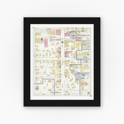 Old map wall art mockup — black gallery frame with white mat — Sanborn Fire Insurance Map from Coloma, Berrien County, Michigan (1918), Sheet #0001