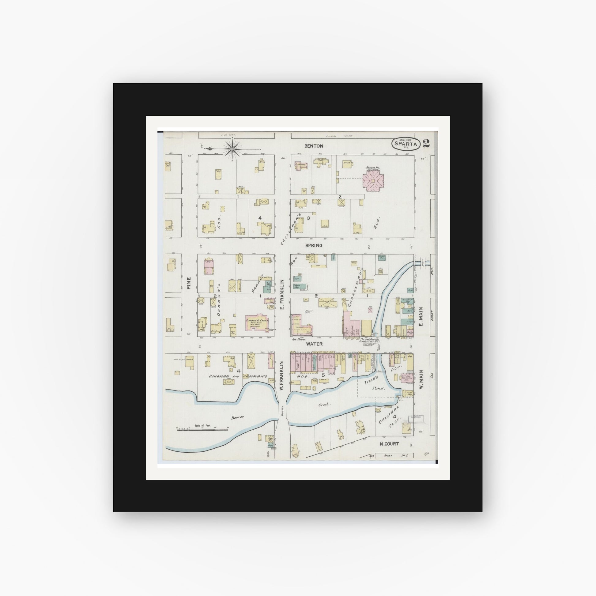 Old map wall art mockup — black gallery frame with white mat — Sanborn Fire Insurance Map from Sparta, Monroe County, Wisconsin (1889), Sheet #0002