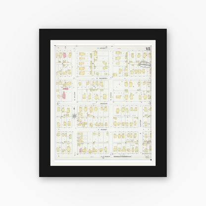 Old map wall art mockup — black gallery frame with white mat — Sanborn Fire Insurance Map from Bloomington, McLean County, Illinois (1896), Sheet #0015