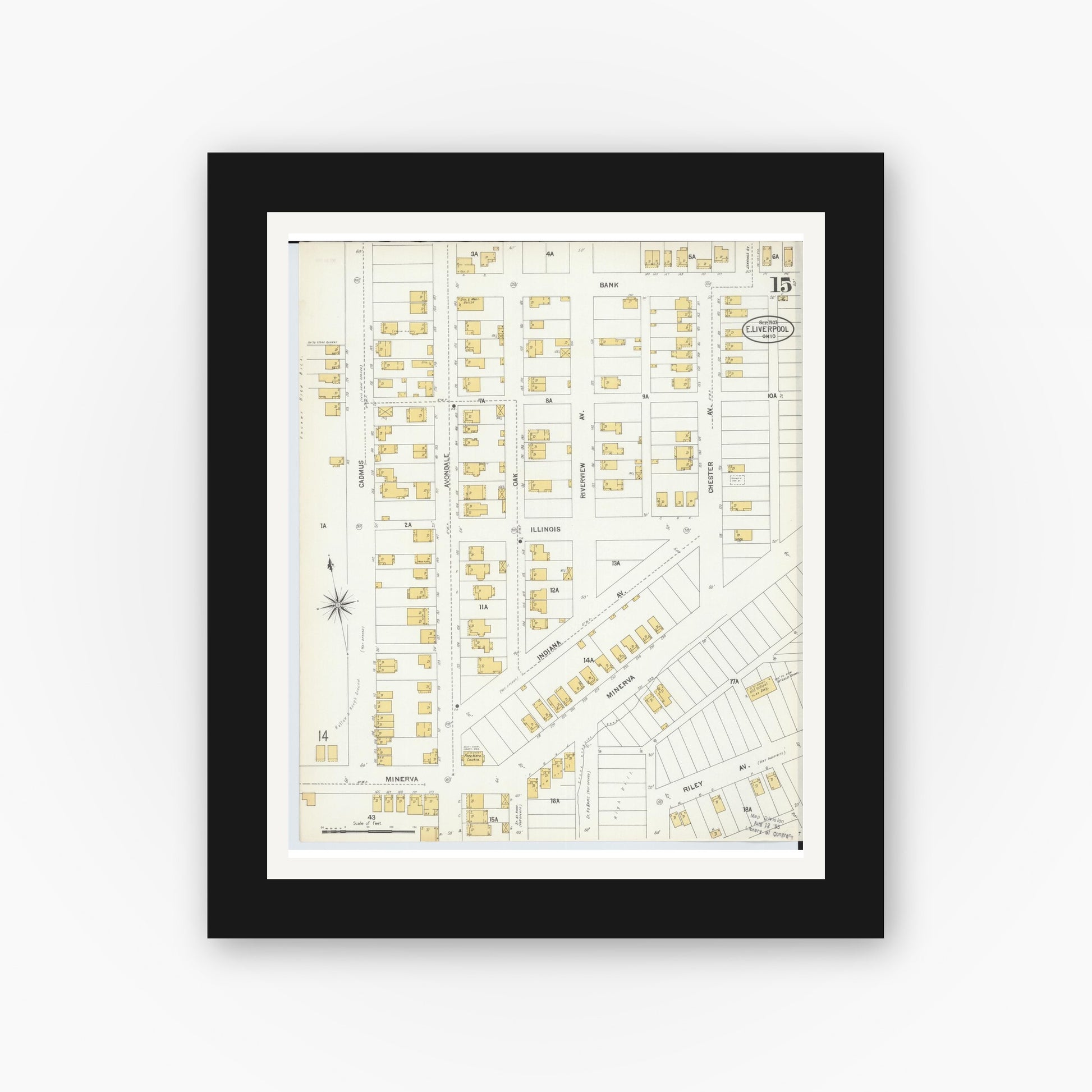 Old map wall art mockup — black gallery frame with white mat — Sanborn Fire Insurance Map from East Liverpool, Columbiana County, Ohio (1903), Sheet #0015