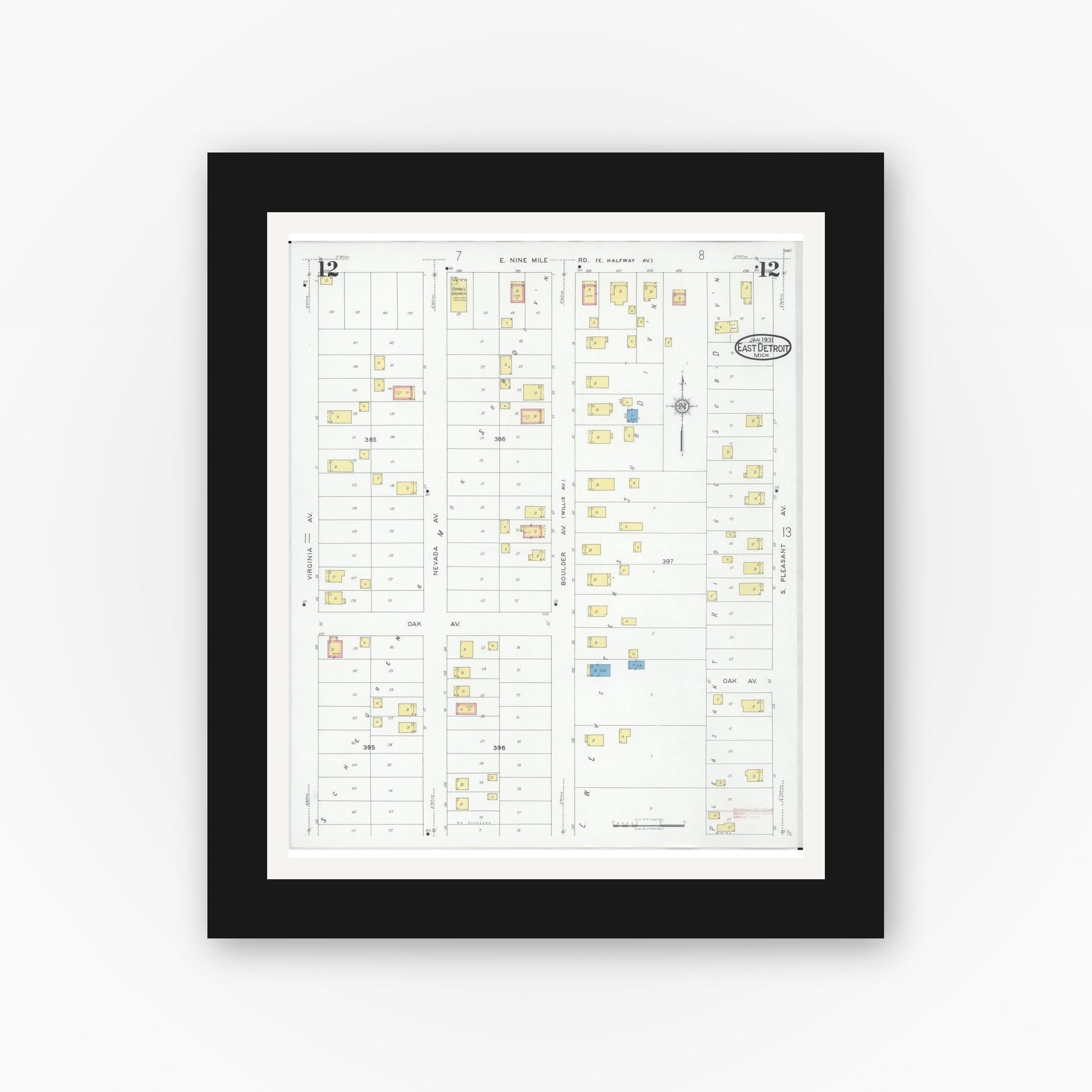Old map wall art mockup — black gallery frame with white mat — Sanborn Fire Insurance Map from East Detroit, Macomb County, Michigan (1931), Sheet #0012