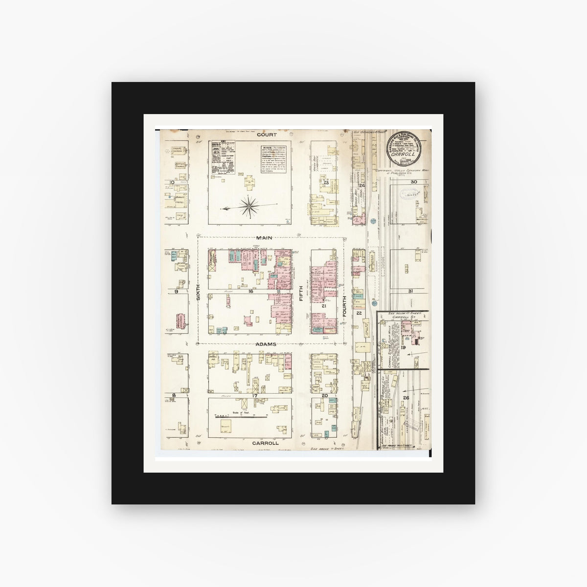 Old map wall art mockup — black gallery frame with white mat — Sanborn Fire Insurance Map from Carroll, Carroll County, Iowa (1883), Sheet #0001