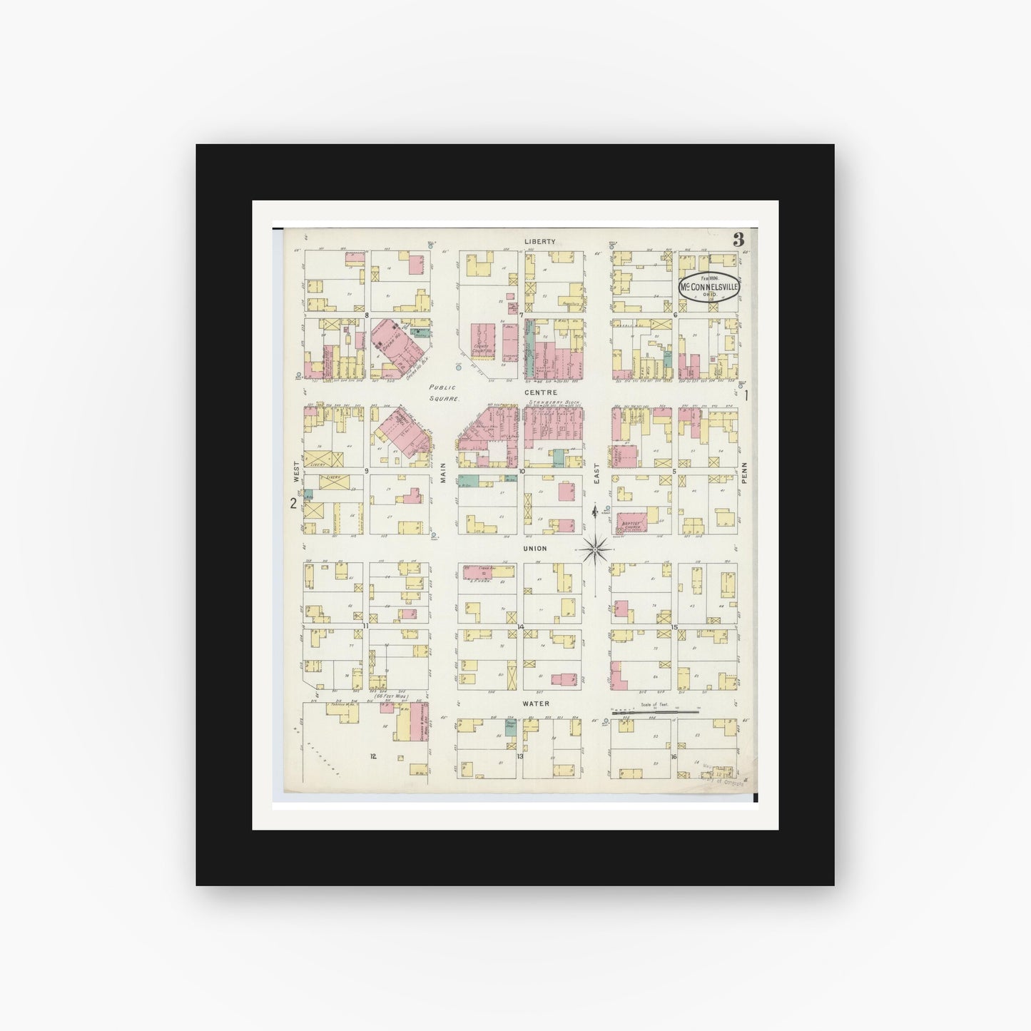 Old map wall art mockup — black gallery frame with white mat — Sanborn Fire Insurance Map from McConnelsville, Morgan County, Ohio (1896), Sheet #0003