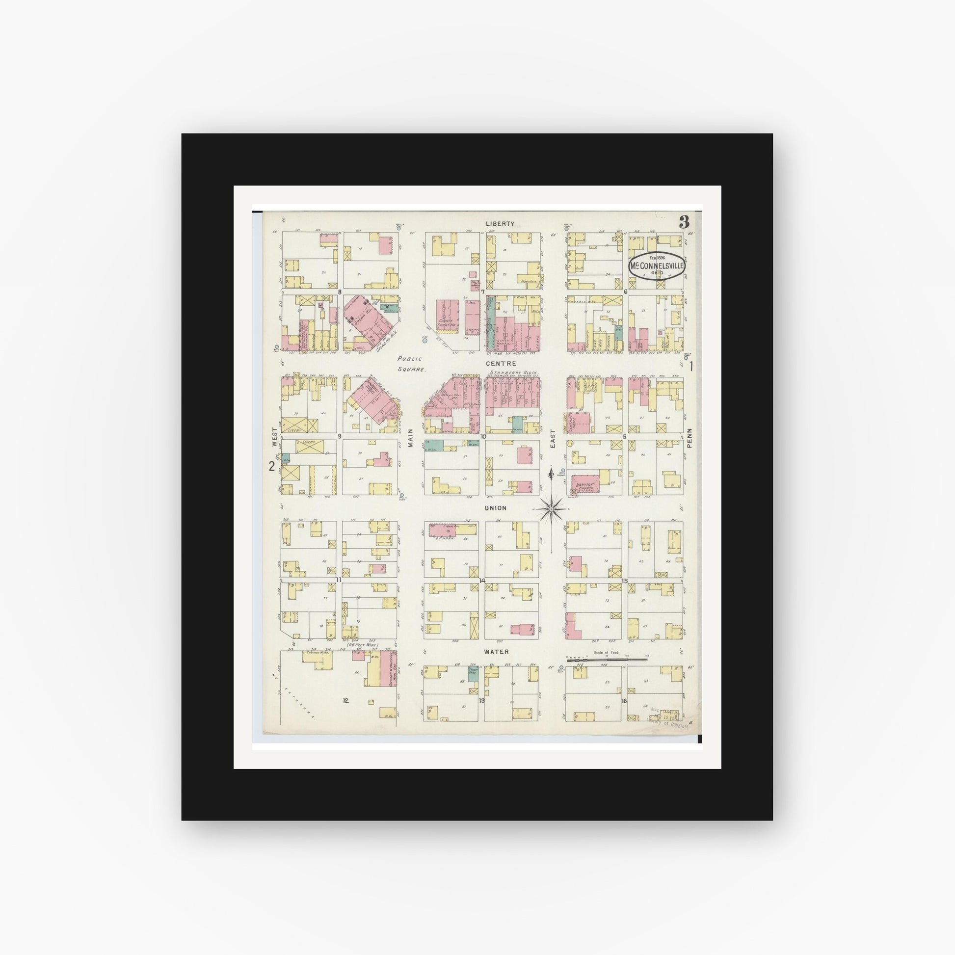 Old map wall art mockup — black gallery frame with white mat — Sanborn Fire Insurance Map from McConnelsville, Morgan County, Ohio (1896), Sheet #0003