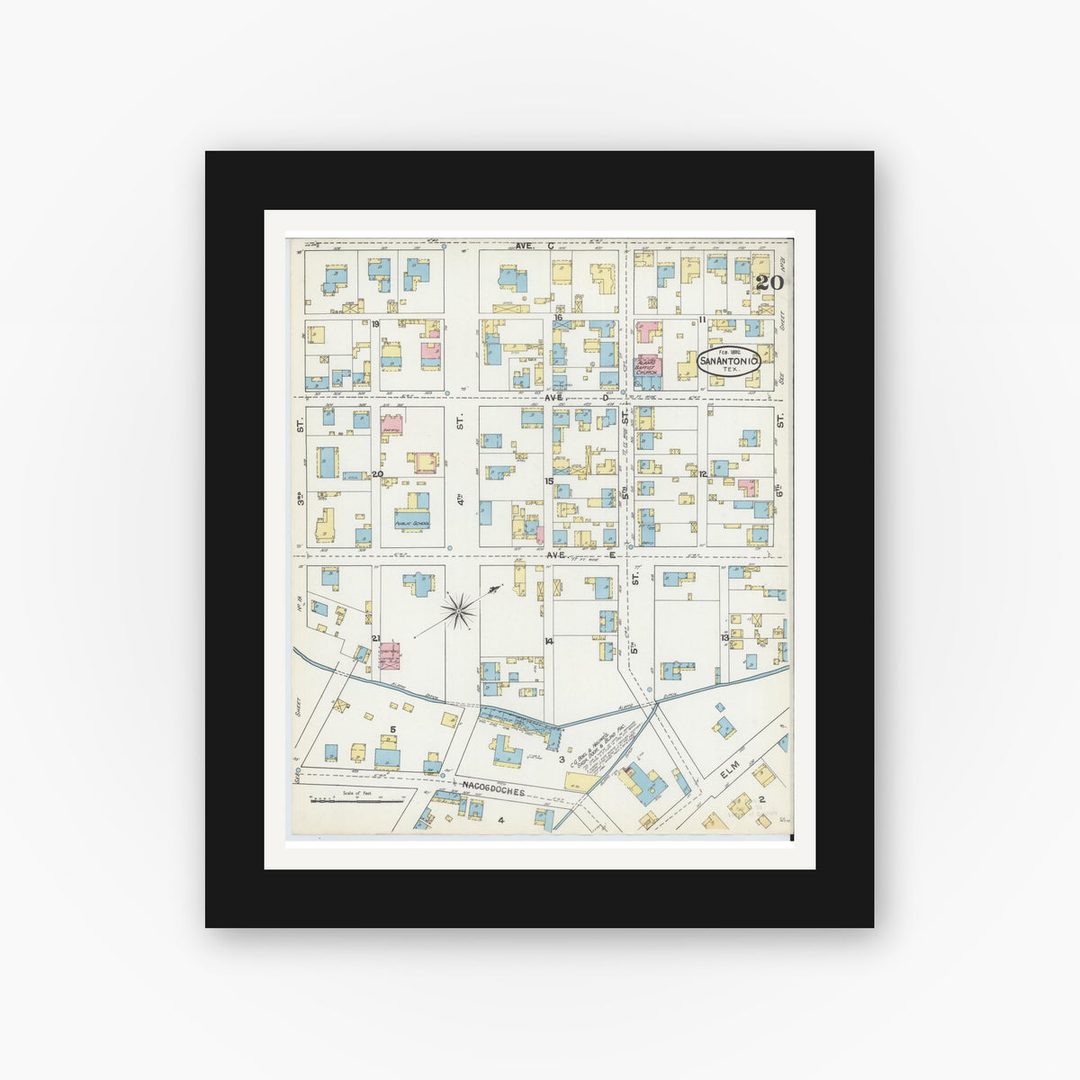 Old map wall art mockup — black gallery frame with white mat — Sanborn Fire Insurance Map from San Antonio, Bexar County, Texas (1892), Sheet #0020