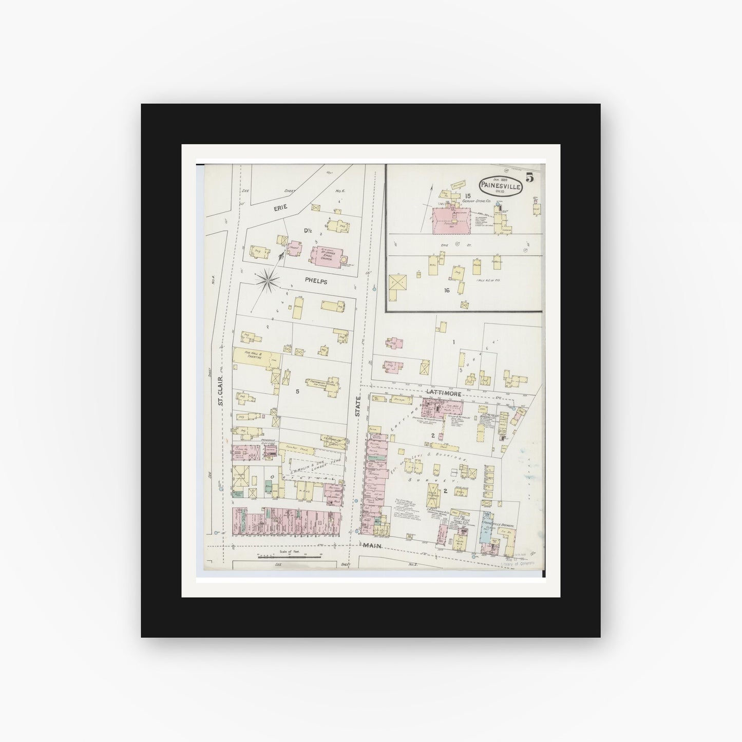 Old map wall art mockup — black gallery frame with white mat — Sanborn Fire Insurance Map from Painesville, Lake County, Ohio (1889), Sheet #0005