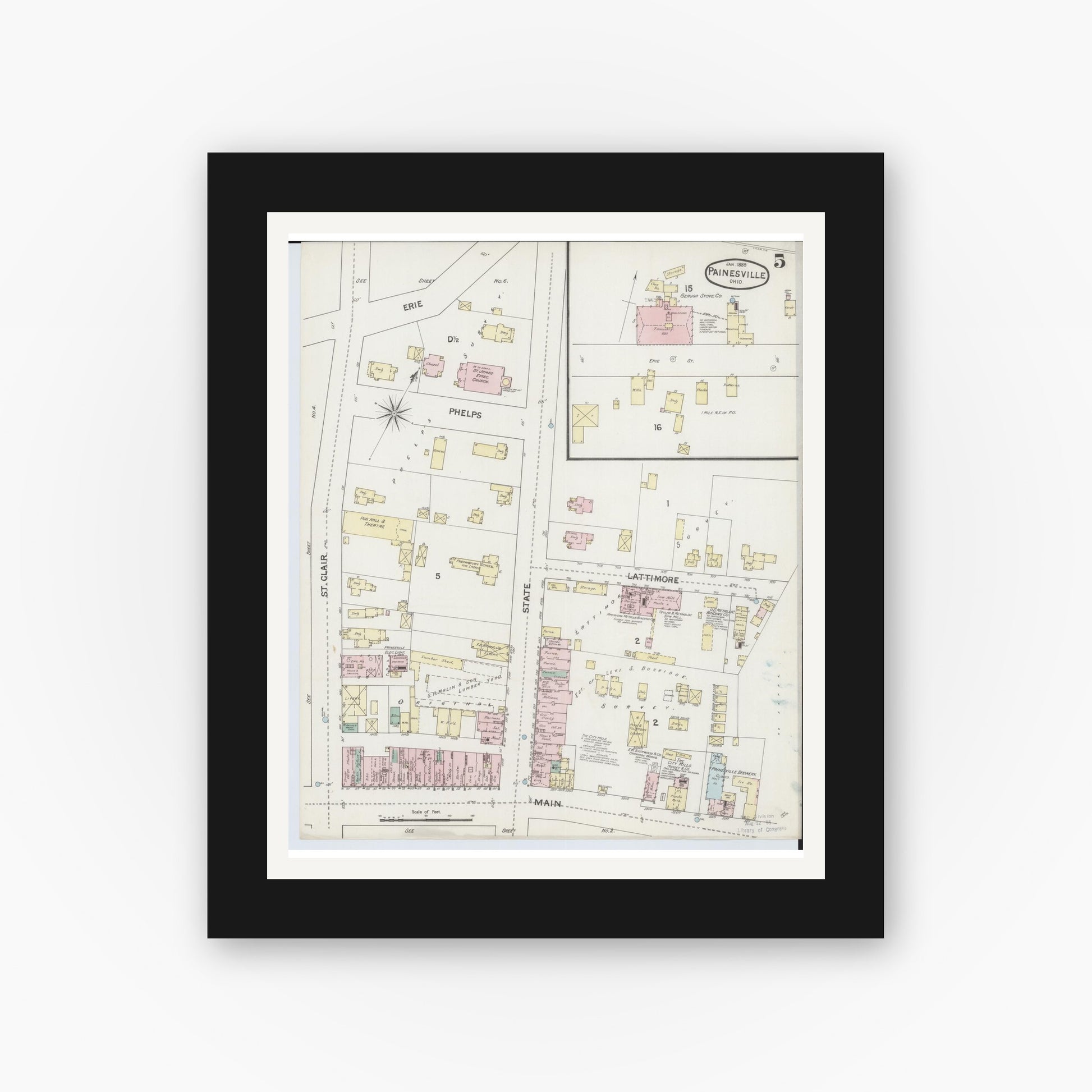 Old map wall art mockup — black gallery frame with white mat — Sanborn Fire Insurance Map from Painesville, Lake County, Ohio (1889), Sheet #0005