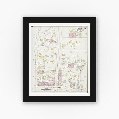 Old map wall art mockup — black gallery frame with white mat — Sanborn Fire Insurance Map from Painesville, Lake County, Ohio (1889), Sheet #0005