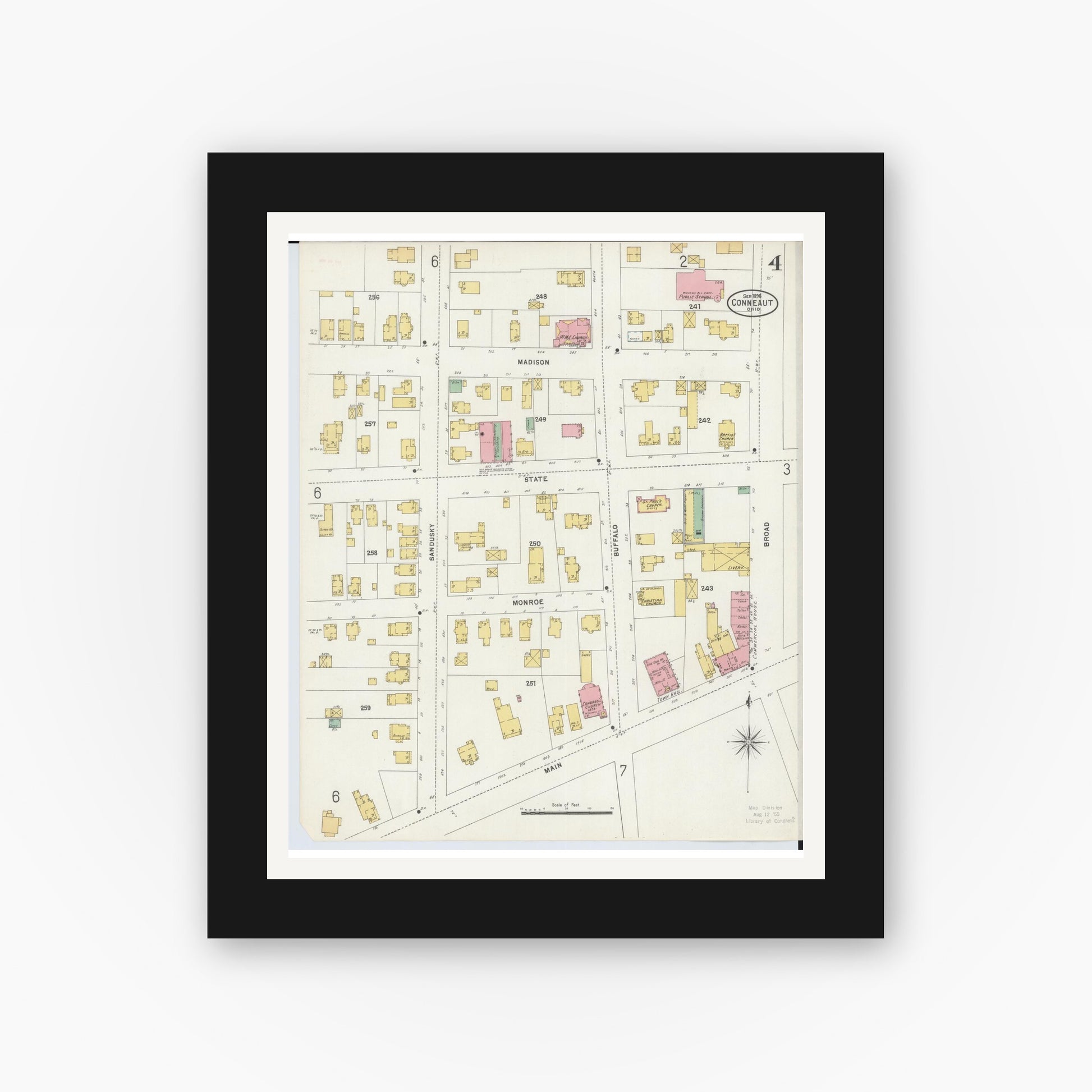 Old map wall art mockup — black gallery frame with white mat — Sanborn Fire Insurance Map from Conneaut, Ashtabula County, Ohio (1898), Sheet #0004