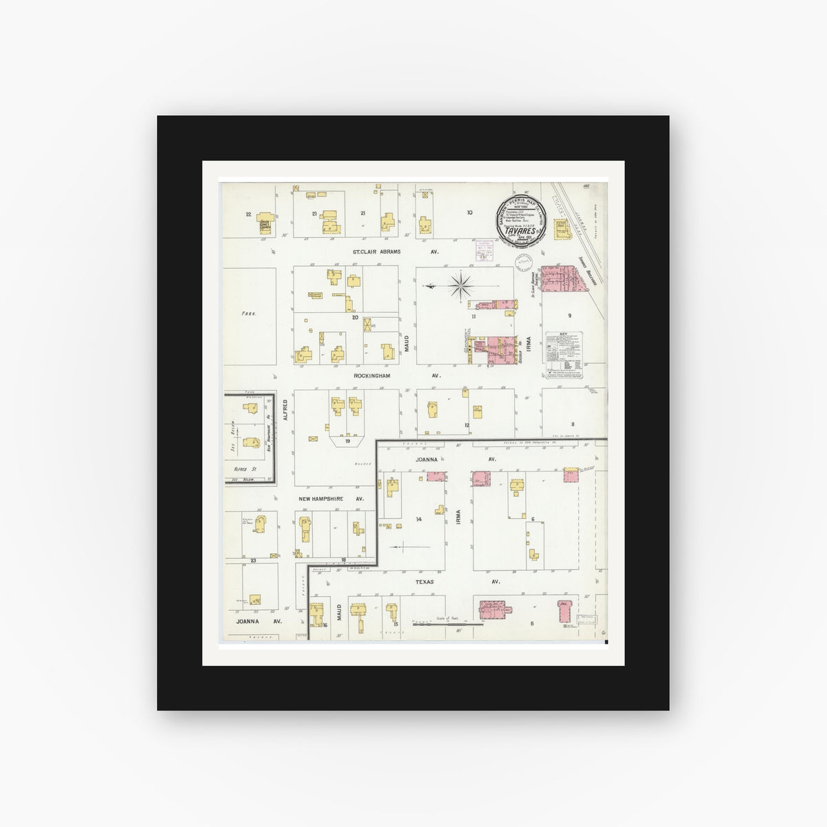 Old map wall art mockup — black gallery frame with white mat — Sanborn Fire Insurance Map from Tavares, Lake County, Florida (1901), Sheet #0001