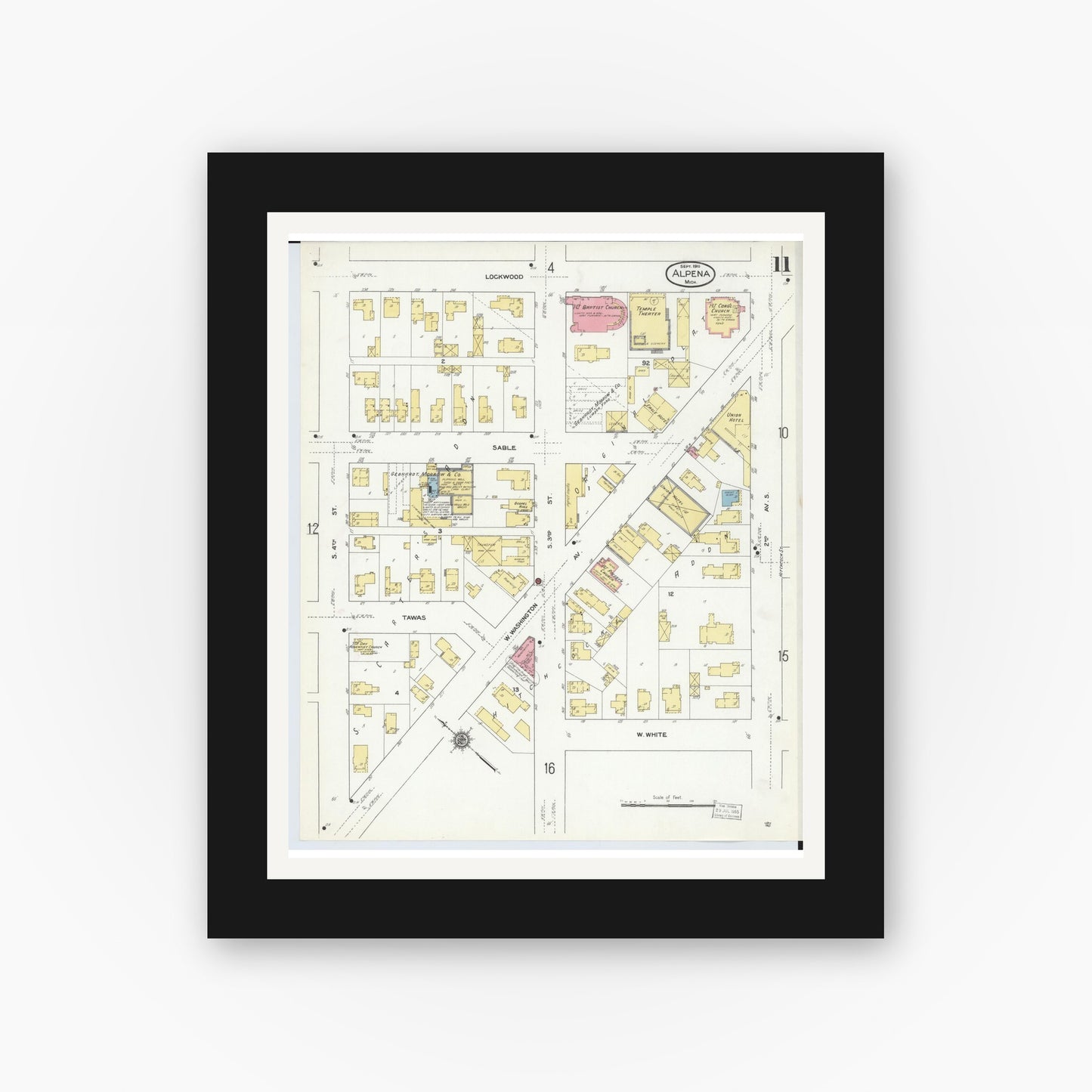 Old map wall art mockup — black gallery frame with white mat — Sanborn Fire Insurance Map from Alpena, Alpena County, Michigan (1910), Sheet #0011