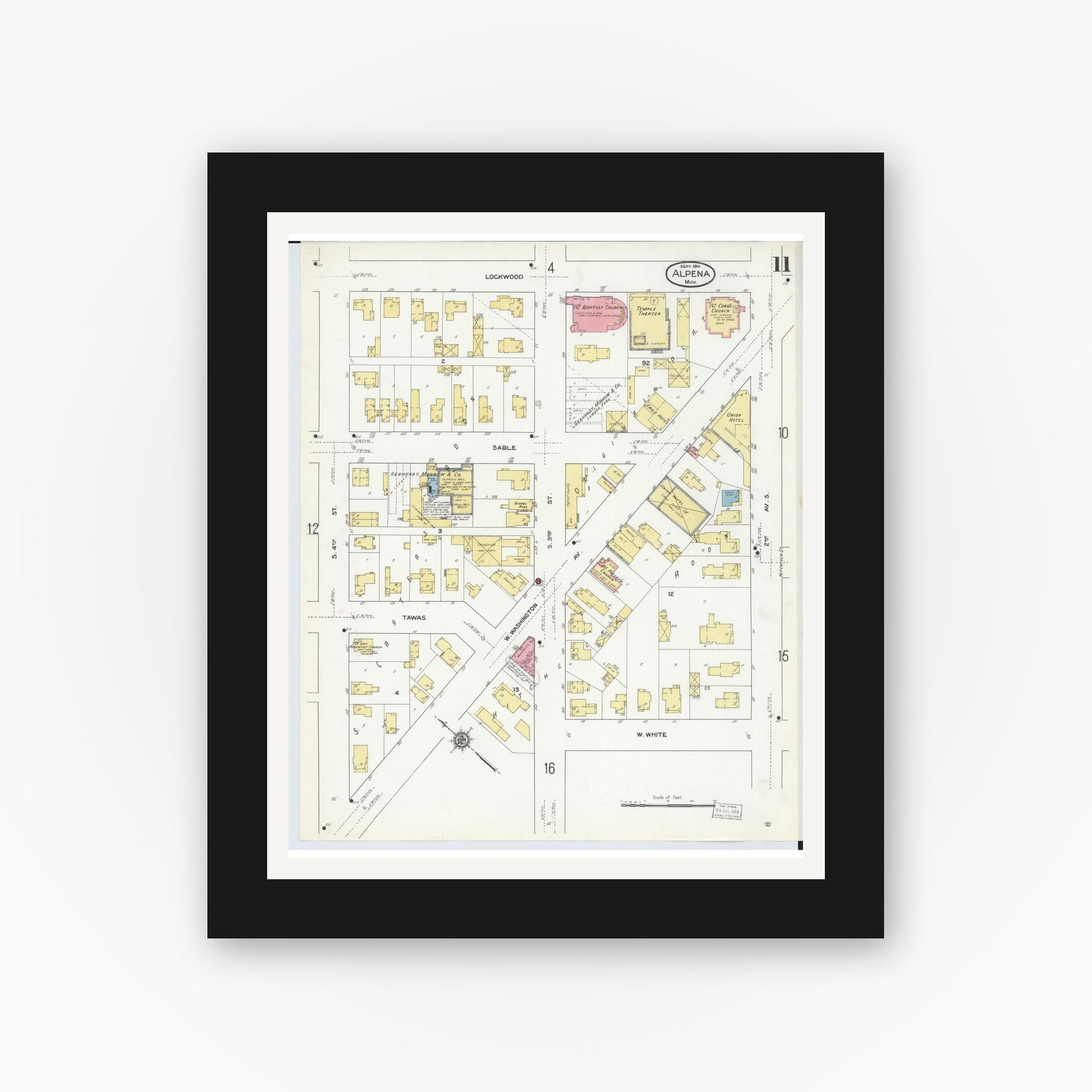 Old map wall art mockup — black gallery frame with white mat — Sanborn Fire Insurance Map from Alpena, Alpena County, Michigan (1910), Sheet #0011