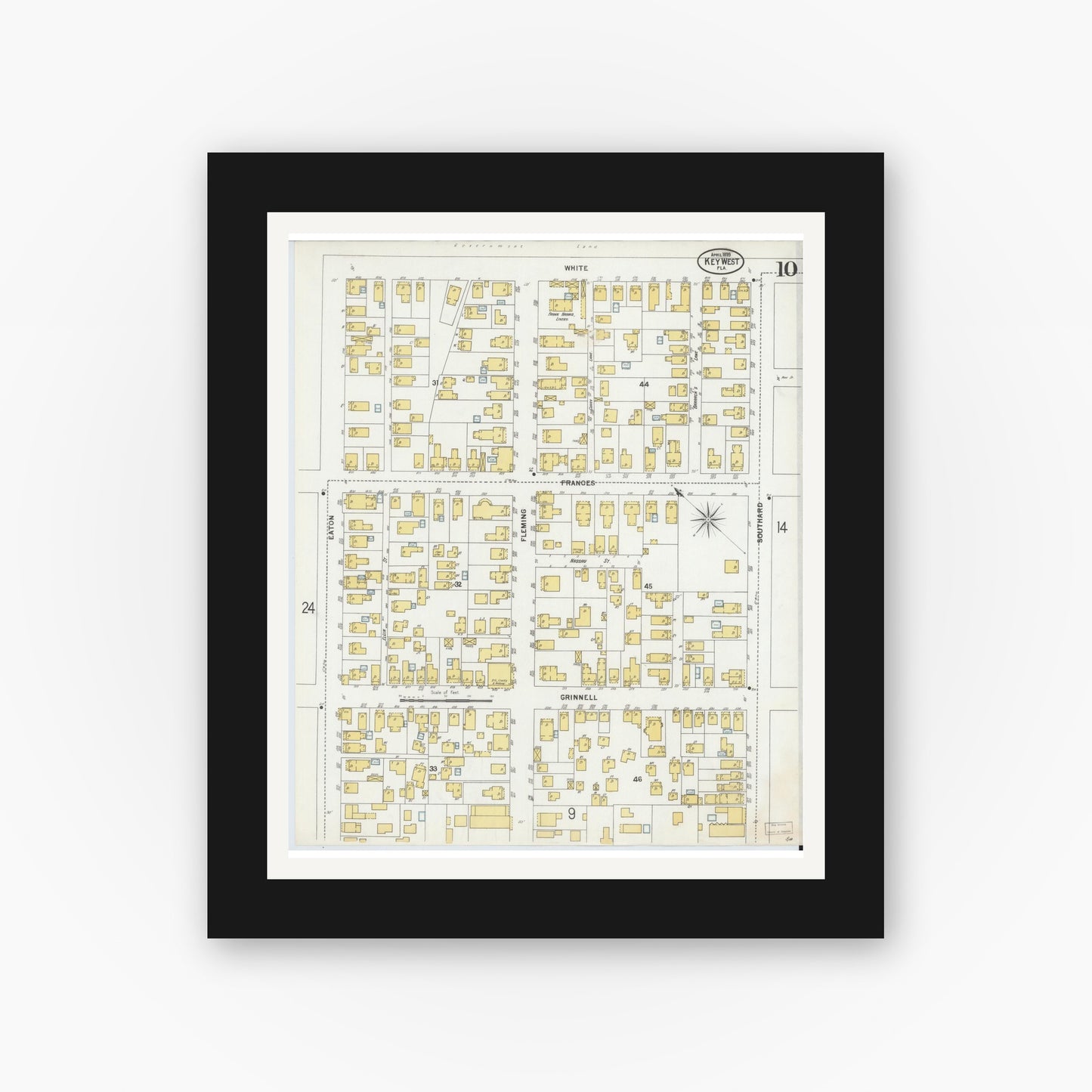 Old map wall art mockup — black gallery frame with white mat — Sanborn Fire Insurance Map from Key West, Monroe County, Florida (1899), Sheet #0010