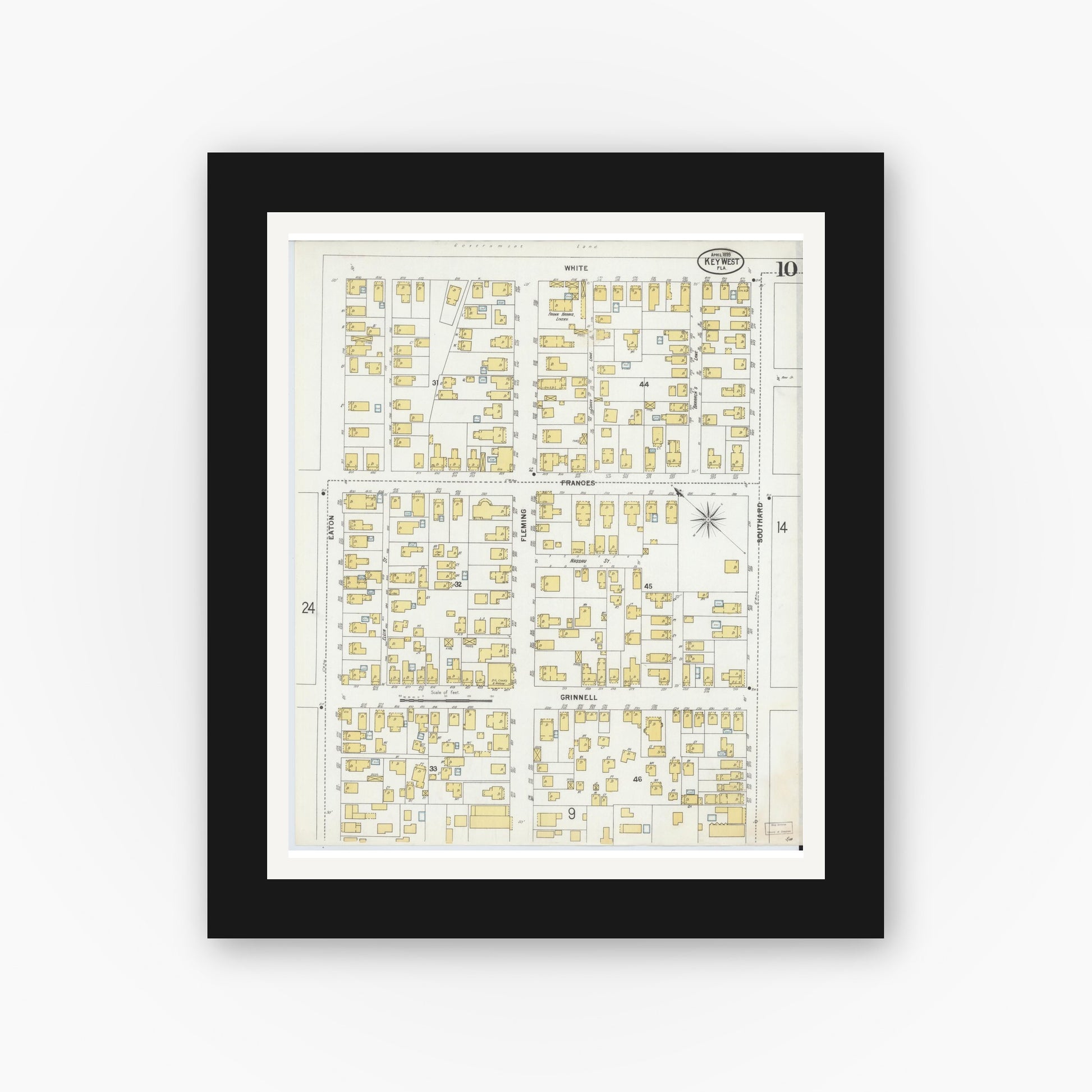 Old map wall art mockup — black gallery frame with white mat — Sanborn Fire Insurance Map from Key West, Monroe County, Florida (1899), Sheet #0010