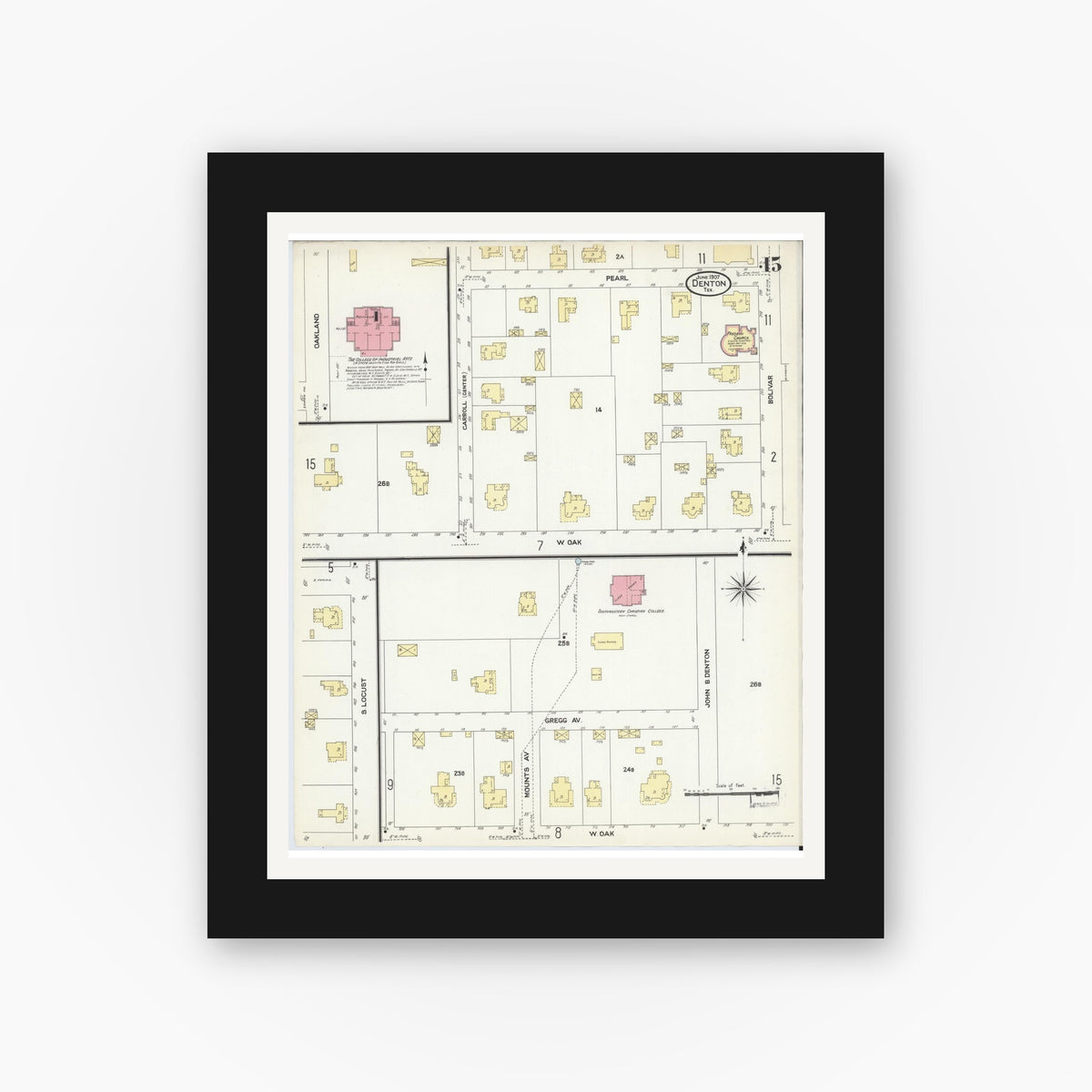 Old map wall art mockup — black gallery frame with white mat — Sanborn Fire Insurance Map from Denton, Denton County, Texas (1907), Sheet #0015