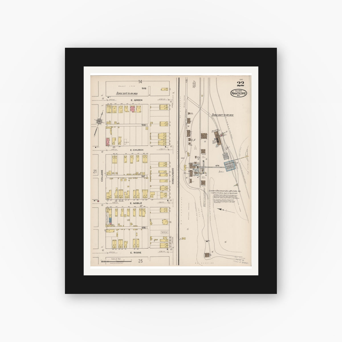 Old map wall art mockup — black gallery frame with white mat — Sanborn Fire Insurance Map from Nanticoke, Luzerne County, Pennsylvania (1920), Sheet #0022
