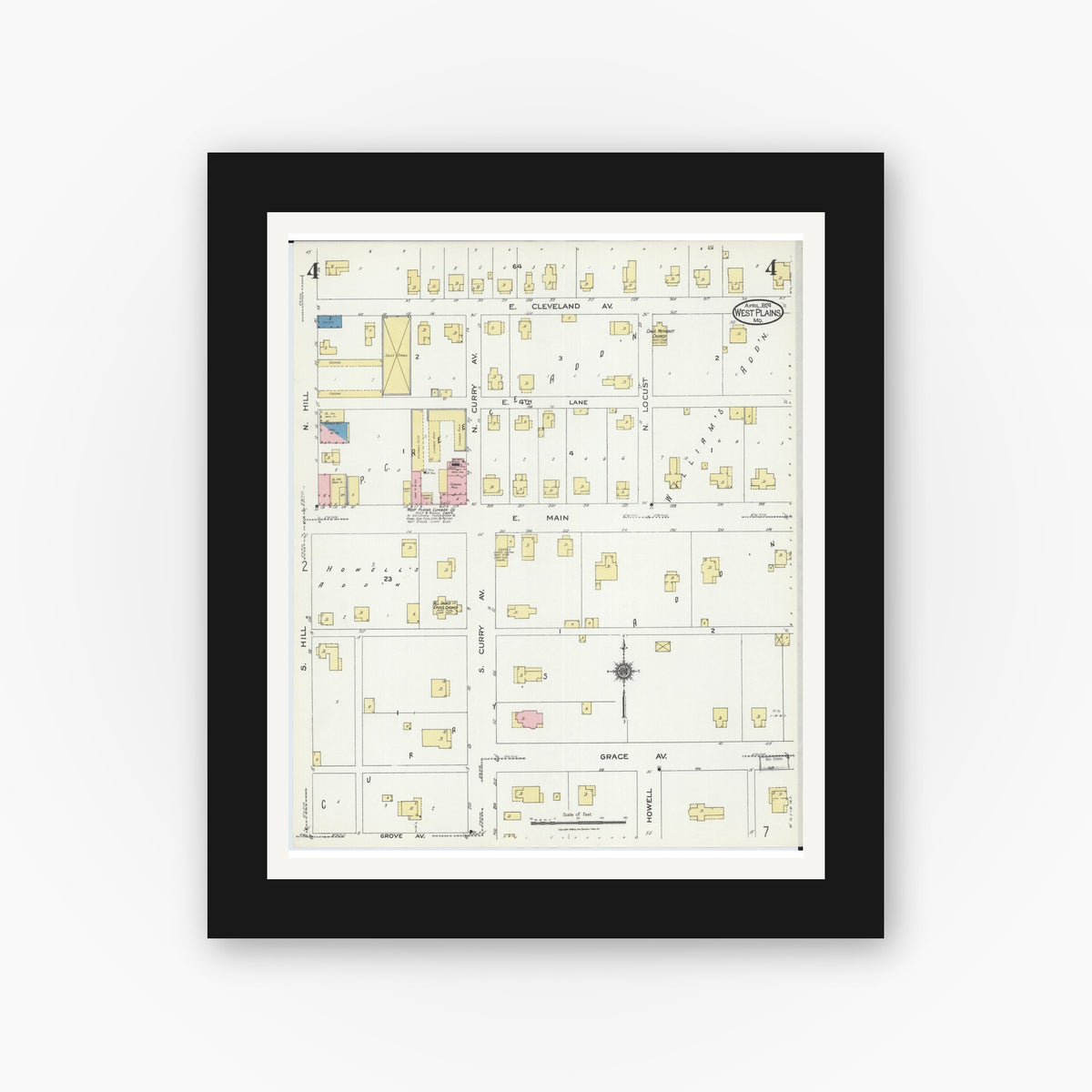 Old map wall art mockup — black gallery frame with white mat — Sanborn Fire Insurance Map from West Plains, Howell County, Missouri (1924), Sheet #0004