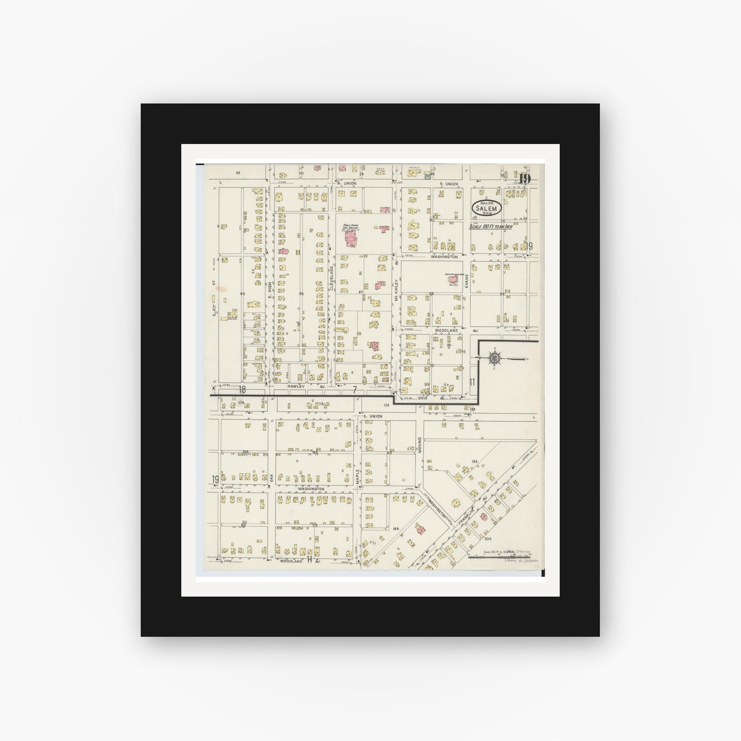 Old map wall art mockup — black gallery frame with white mat — Sanborn Fire Insurance Map from Salem, Columbiana County, Ohio (1915), Sheet #0019