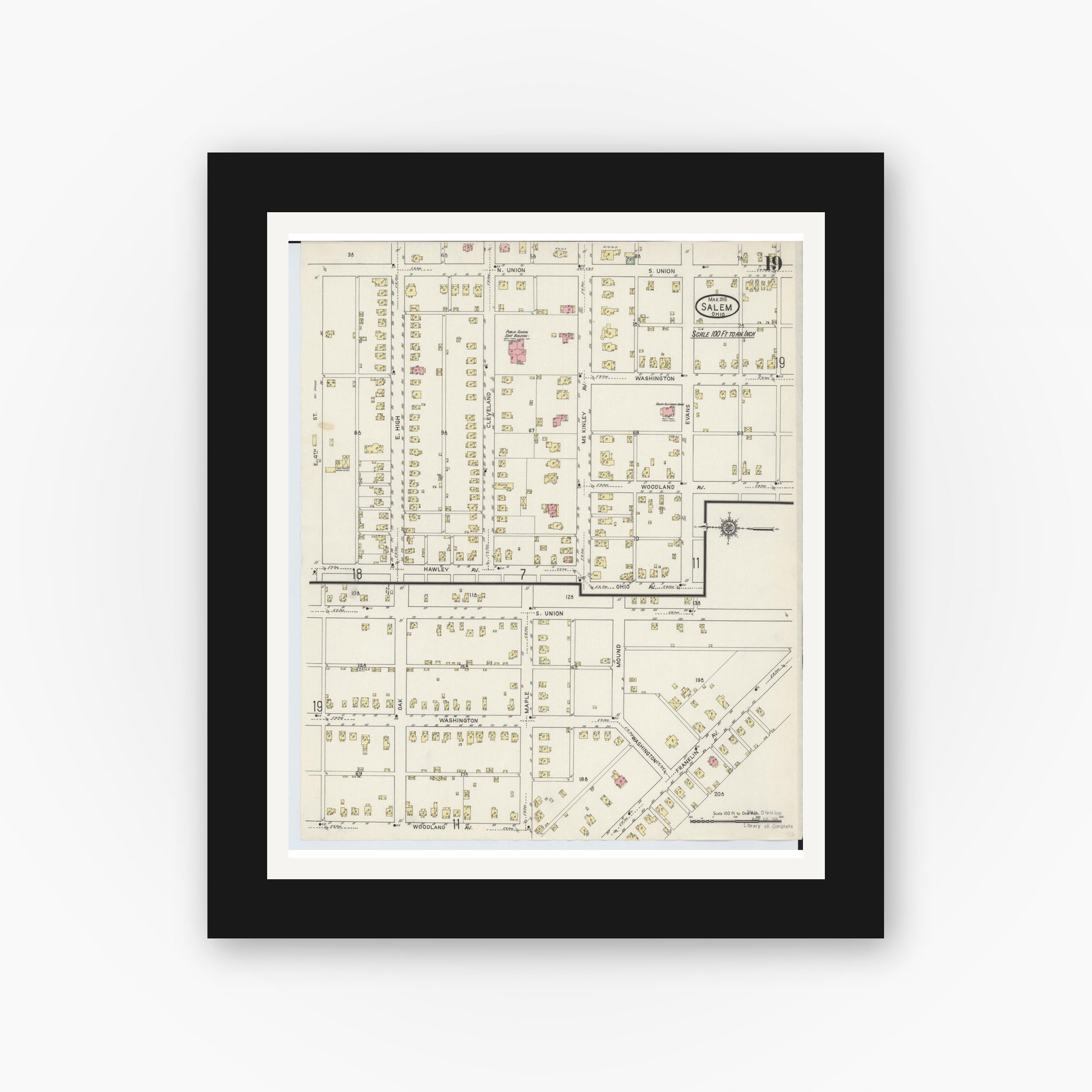 Old map wall art mockup — black gallery frame with white mat — Sanborn Fire Insurance Map from Salem, Columbiana County, Ohio (1915), Sheet #0019
