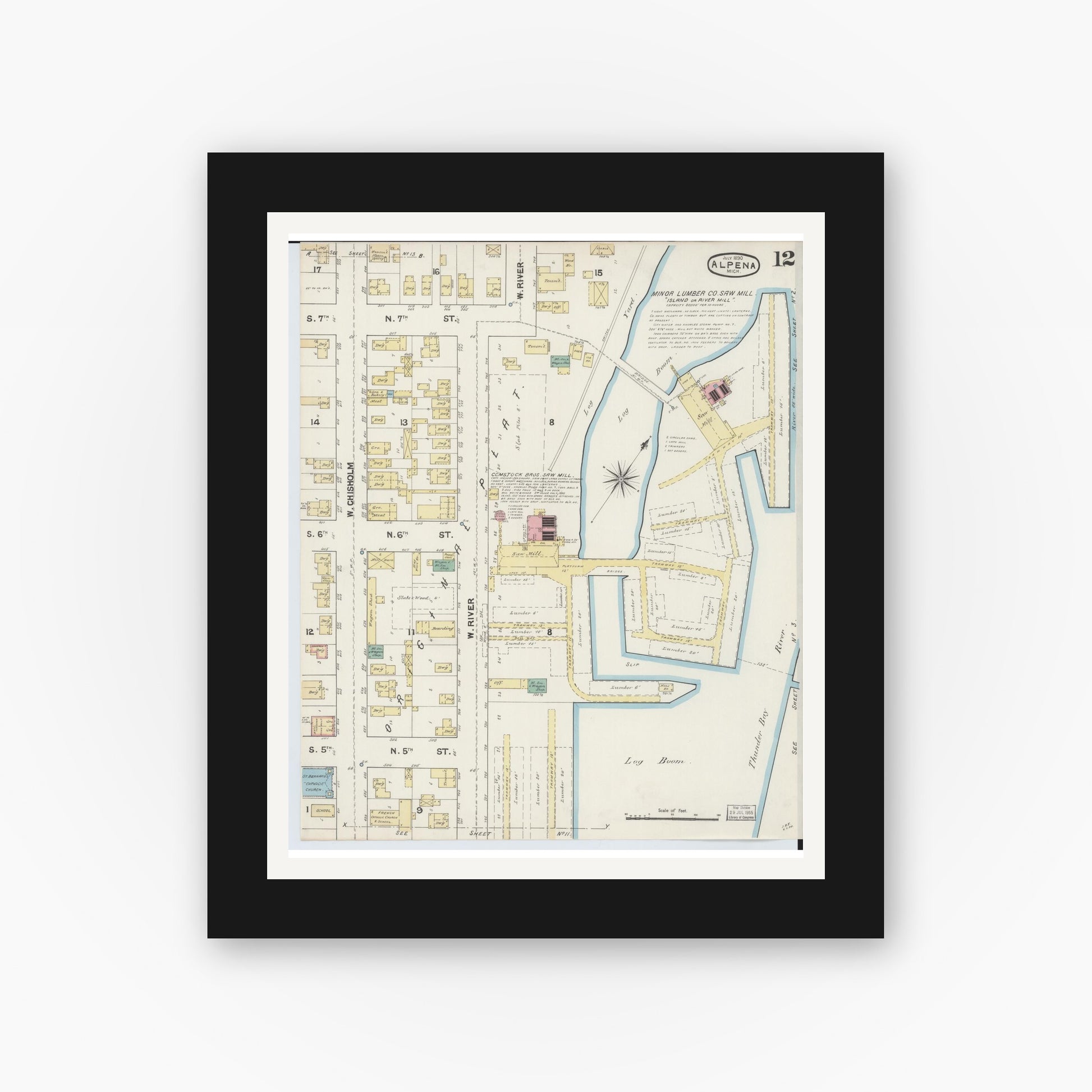 Old map wall art mockup — black gallery frame with white mat — Sanborn Fire Insurance Map from Alpena, Alpena County, Michigan (1890), Sheet #0012
