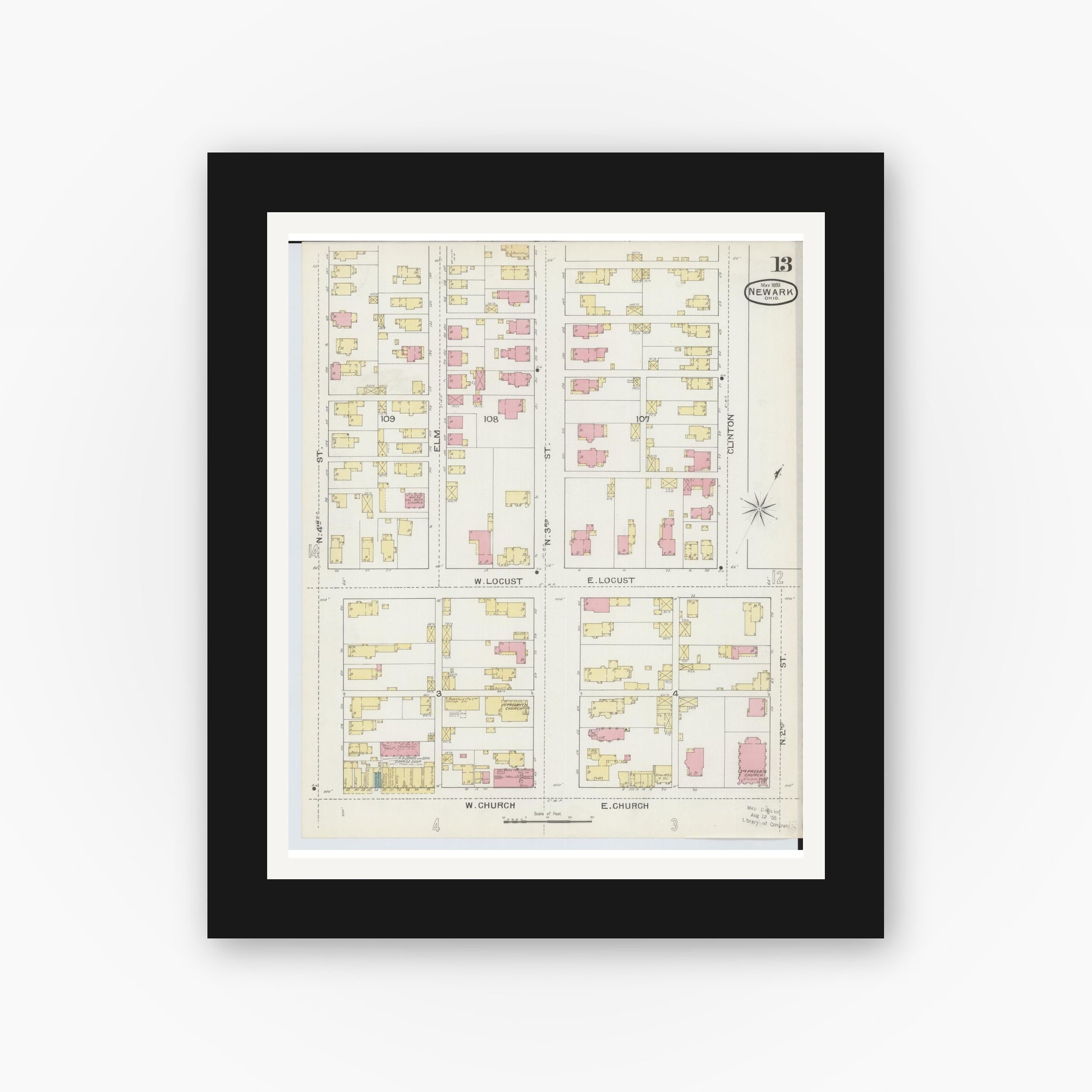 Old map wall art mockup — black gallery frame with white mat — Sanborn Fire Insurance Map from Newark, Licking County, Ohio (1893), Sheet #0013