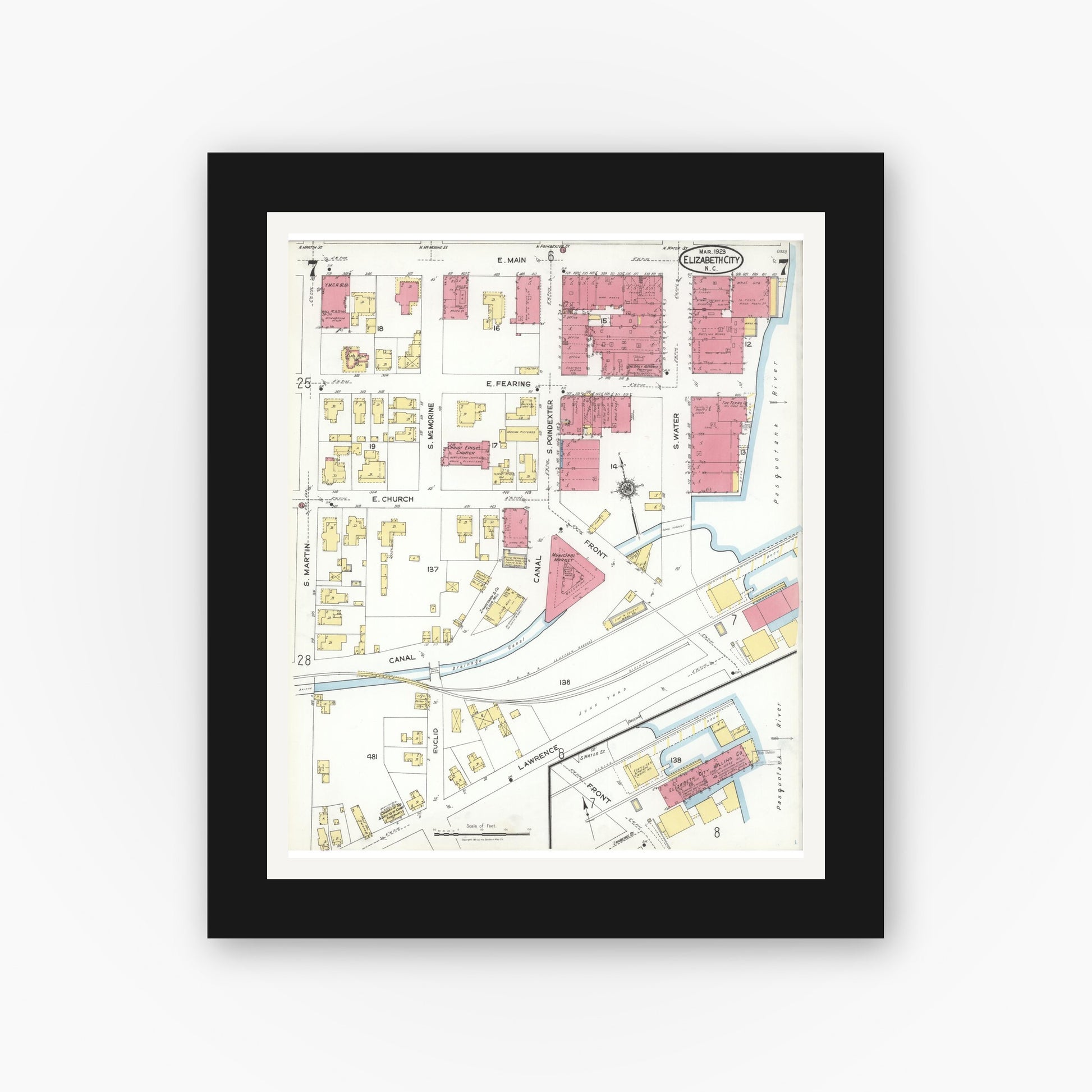 Old map wall art mockup — black gallery frame with white mat — Sanborn Fire Insurance Map from Elizabeth City, Pasquotank County, North Carolina (1923), Sheet #0007