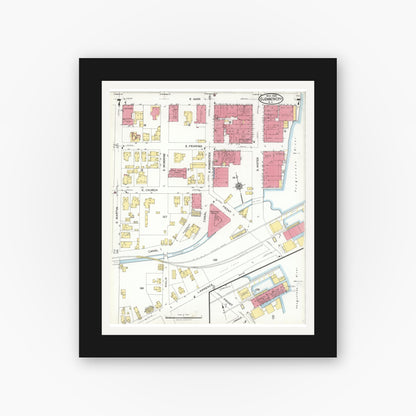 Old map wall art mockup — black gallery frame with white mat — Sanborn Fire Insurance Map from Elizabeth City, Pasquotank County, North Carolina (1923), Sheet #0007